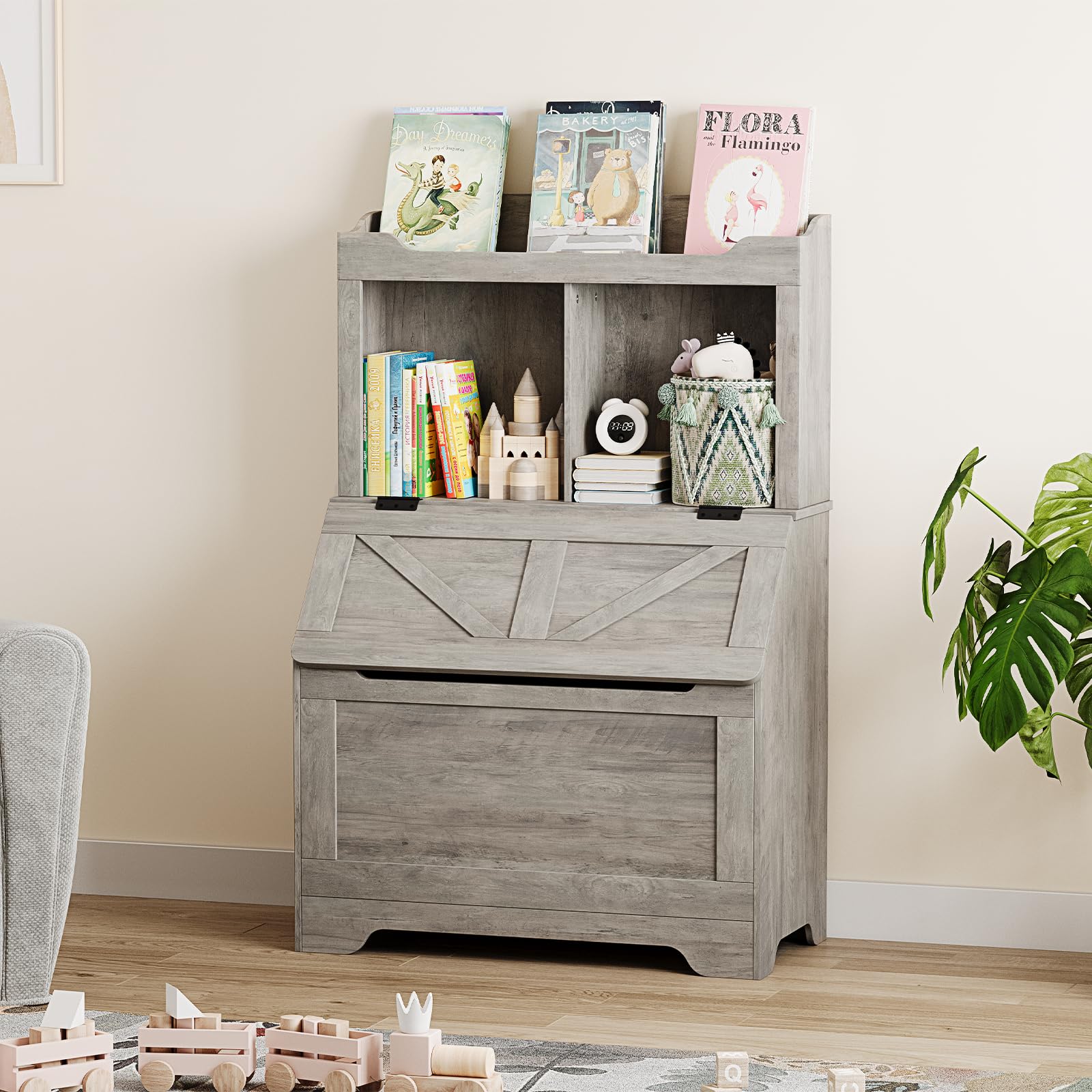 Wooden Kids Bookshelf and Toy Storage Organizer - Large Flip-top Toy Box with Cubby & 3-Tier Bookcase for Playroom, Bedroom, Nursery, Kindergarten - Perfect for Organizing Toys, Books & Kids' Belongings in Home & School