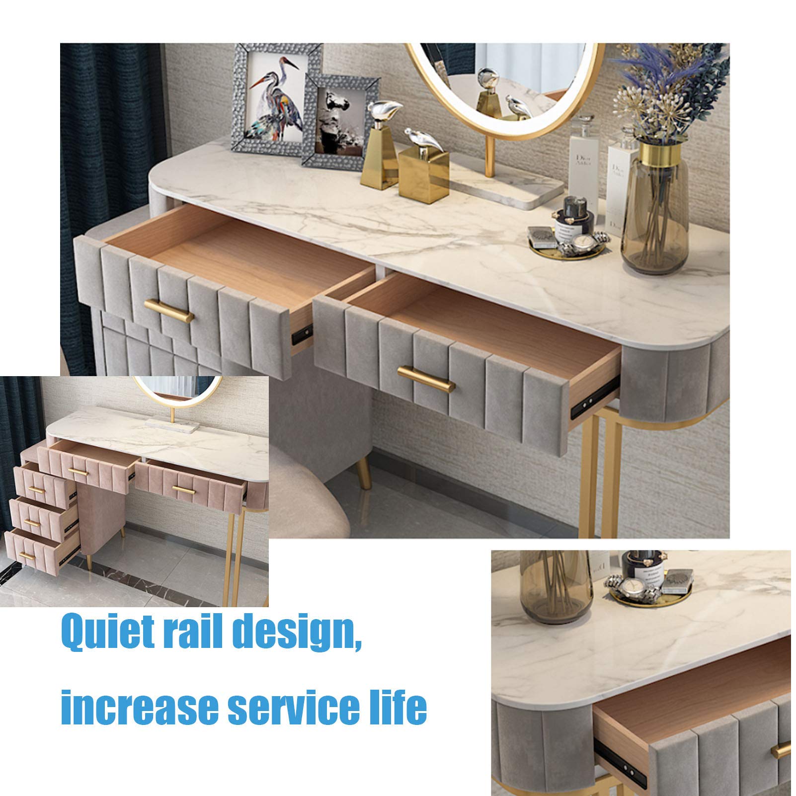 Vanity Set with Mirror & Built-in 3-Way Lighting, Flannel Cushioned Stool, Removable Lockers & 4 Drawers Makeup Vanity Desk - Marble Top Dressing Table in Gray, Green, Pink - Perfect for Bedroom, Dorm Room & Beauty Salon Makeup Organization