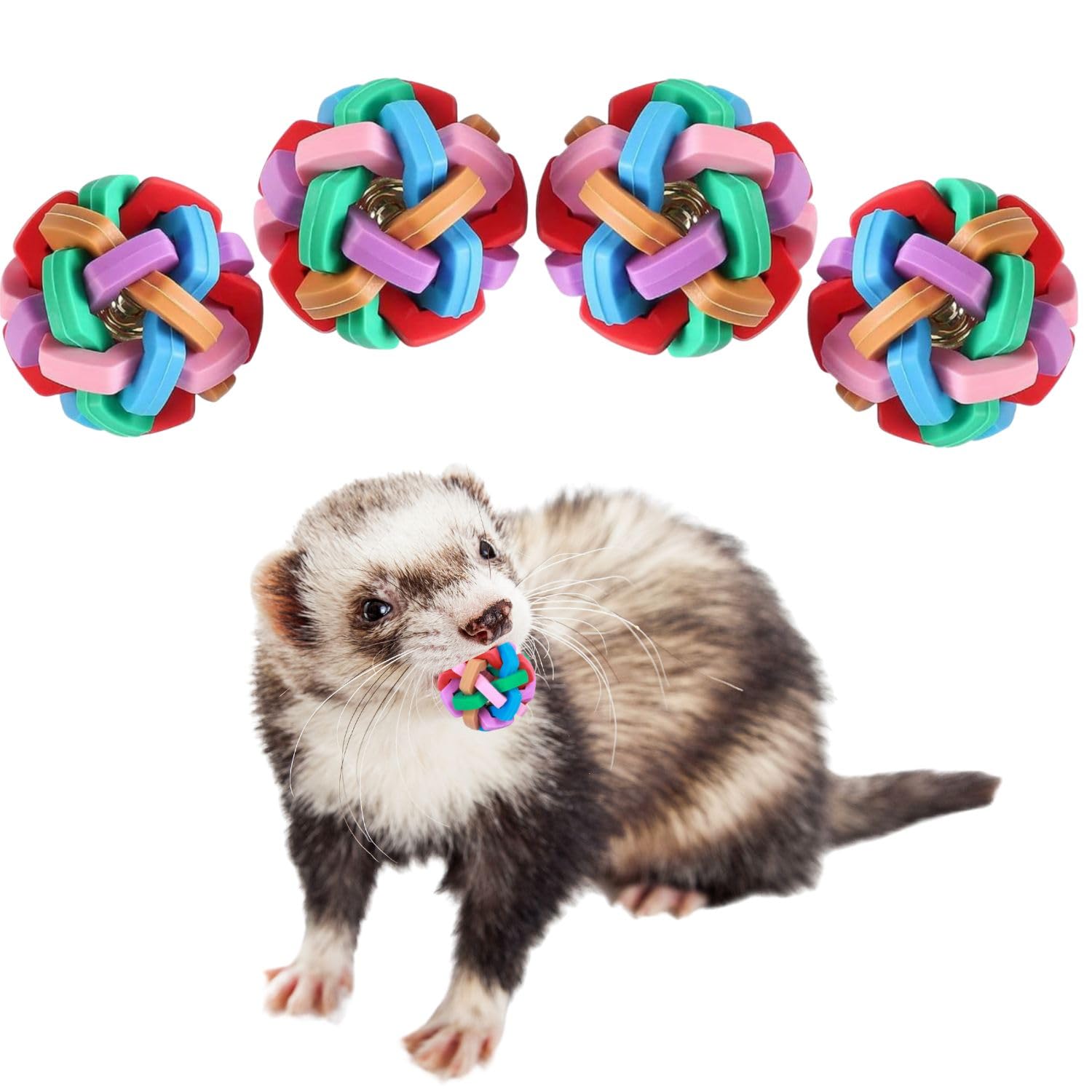 4 Pack Ferret Toys - Colorful Bouncy Rubber Balls with Built-in Bell, Interactive Sound Toys for Ferrets, Cats & Dogs - Teeth Grinding, Exercise & Play - Perfect for Indoor Pets & Playtime Fun