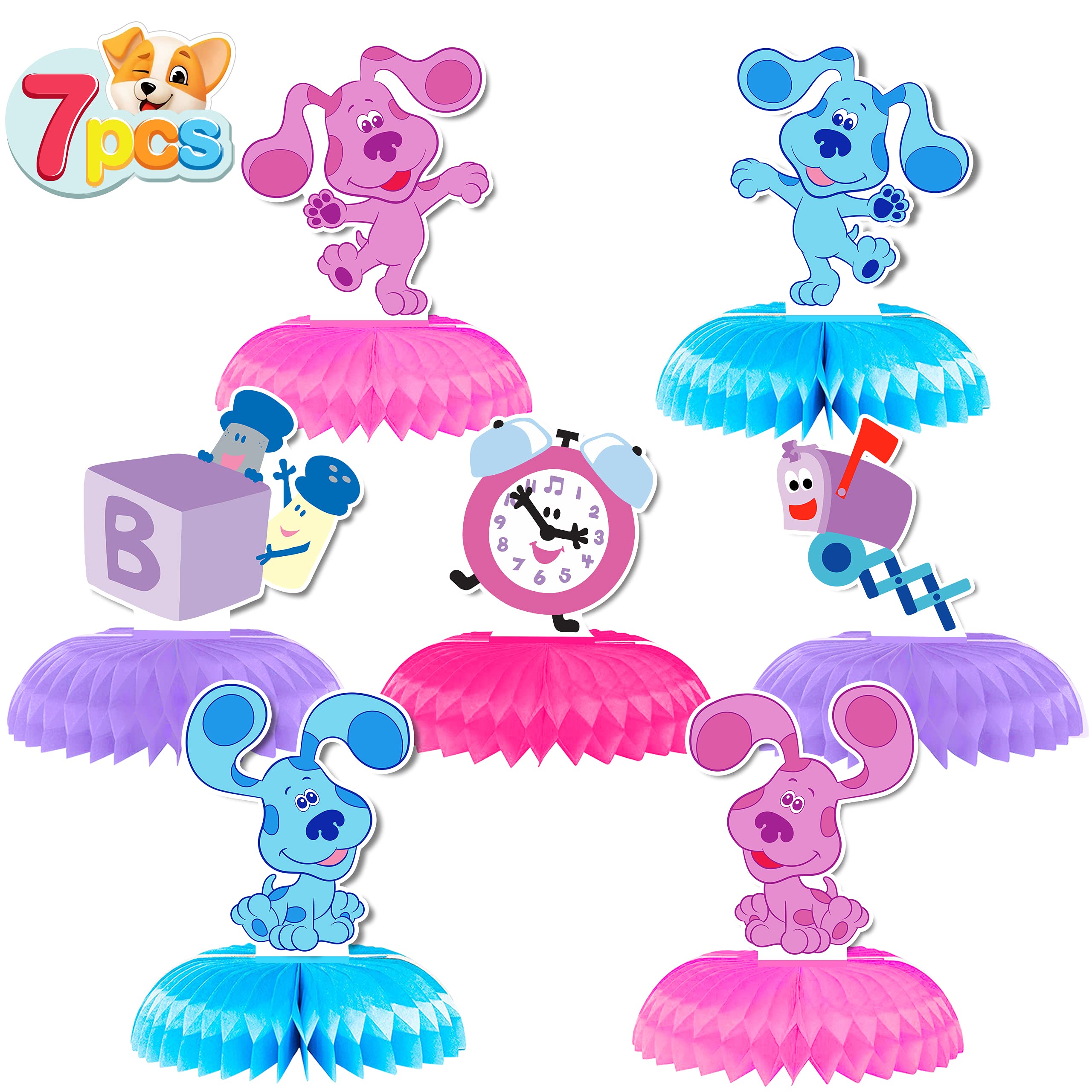 7Pcs Honeycomb Dog Birthday Party Decorations - Double Sided Cartoon Dog Centerpieces, Baby Shower Cake Toppers & Photo Booth Props for Kids Birthday, Baby Shower & Themed Parties - Blue & White Party Supplies
