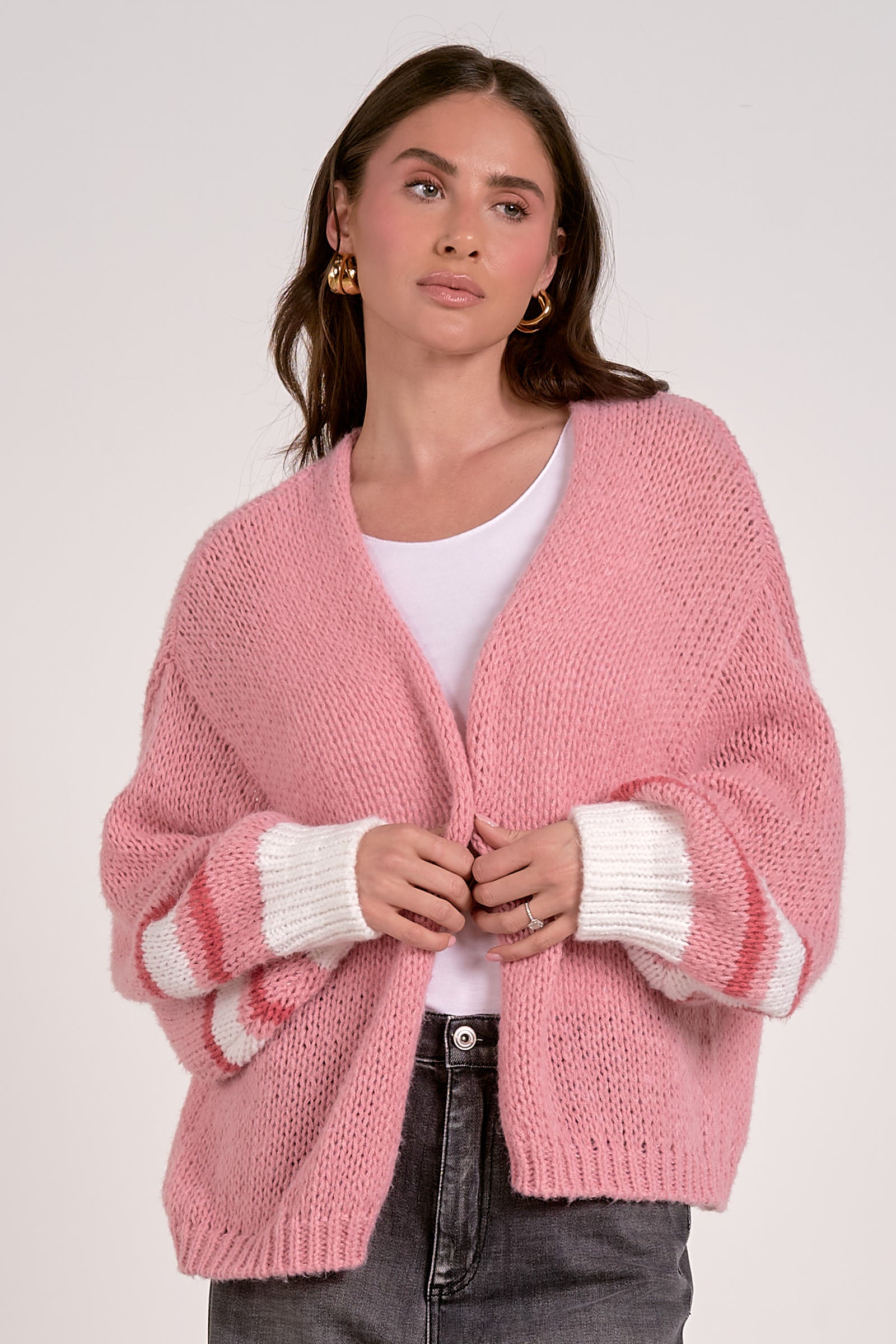 Women's Varsity Open Front Sweater Cardigan - Soft Pink Knit Long Sleeve Lightweight Pullover for Casual Outfits & Layering in Fall/Winter
