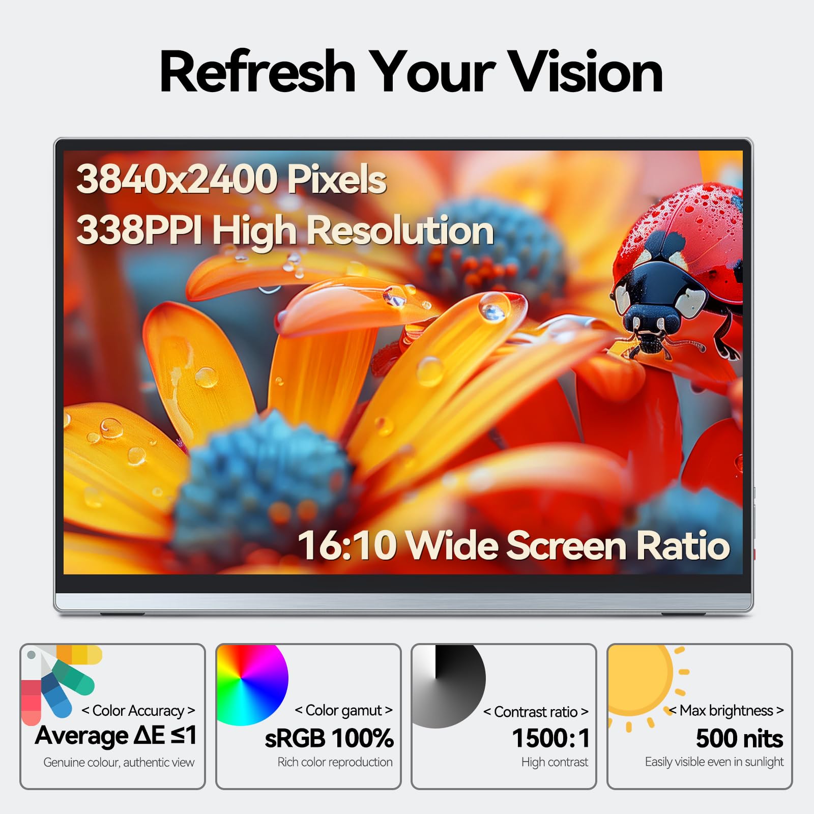 Intehill 13.4 Inch 4K Portable Monitor with Touchscreen - 3840x2400 IGZO Anti-Glare Display, 10-Point Multi-Touch, HDR, 100% sRGB, Built-in Speakers, Dual USB-C & HDMI Ports - Compatible with Laptop, Mac, Phone, PS5 - Perfect for Work, Gaming & Travel