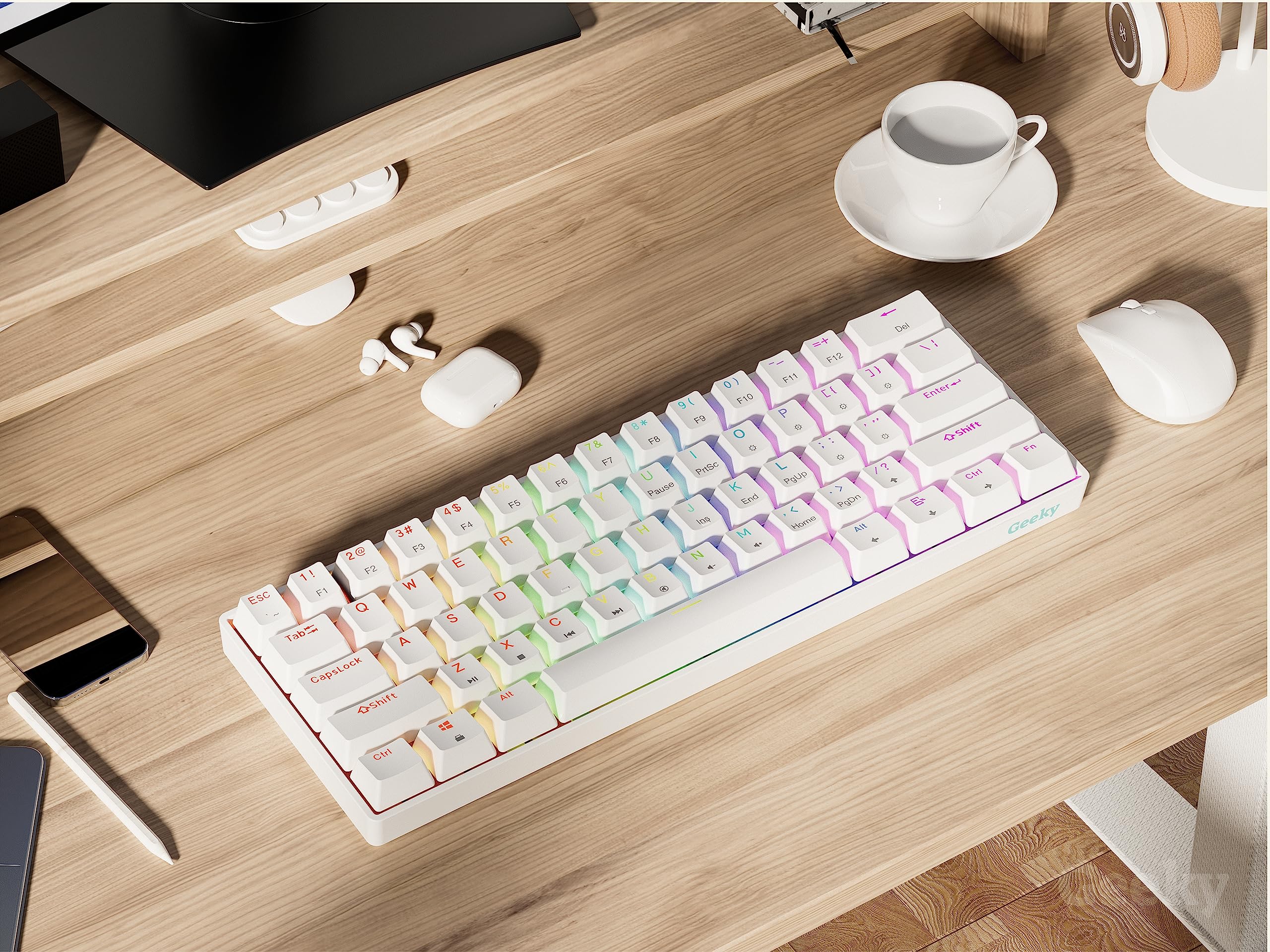 Geeky GK61 60% Hot Swappable Mechanical Gaming Keyboard - 61 Key RGB Backlit with ANSI US Layout (White, Blue Switch) for PC & Mac Gamers | Perfect for Esports, Coding & Office Work