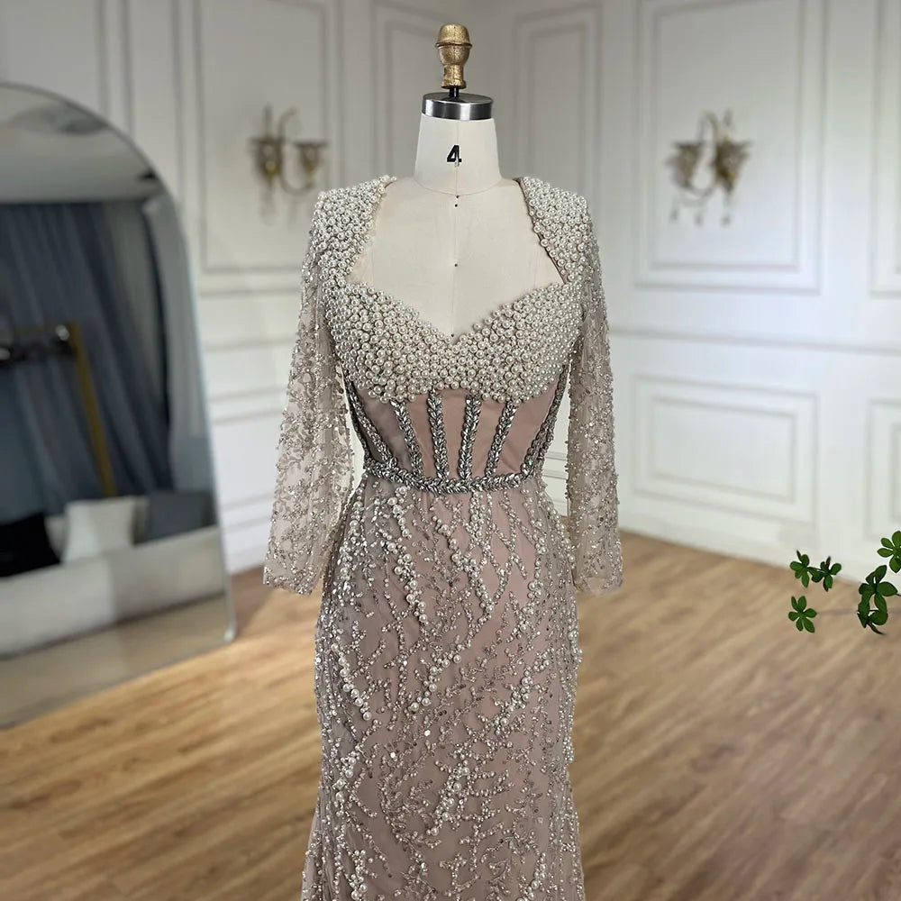 Luxury Dubai Pearls Beaded Elegant Arabic Mermaid Evening Dress for Women - Wedding, Party, Gala & Special Occasions | Serene Hill LA72361