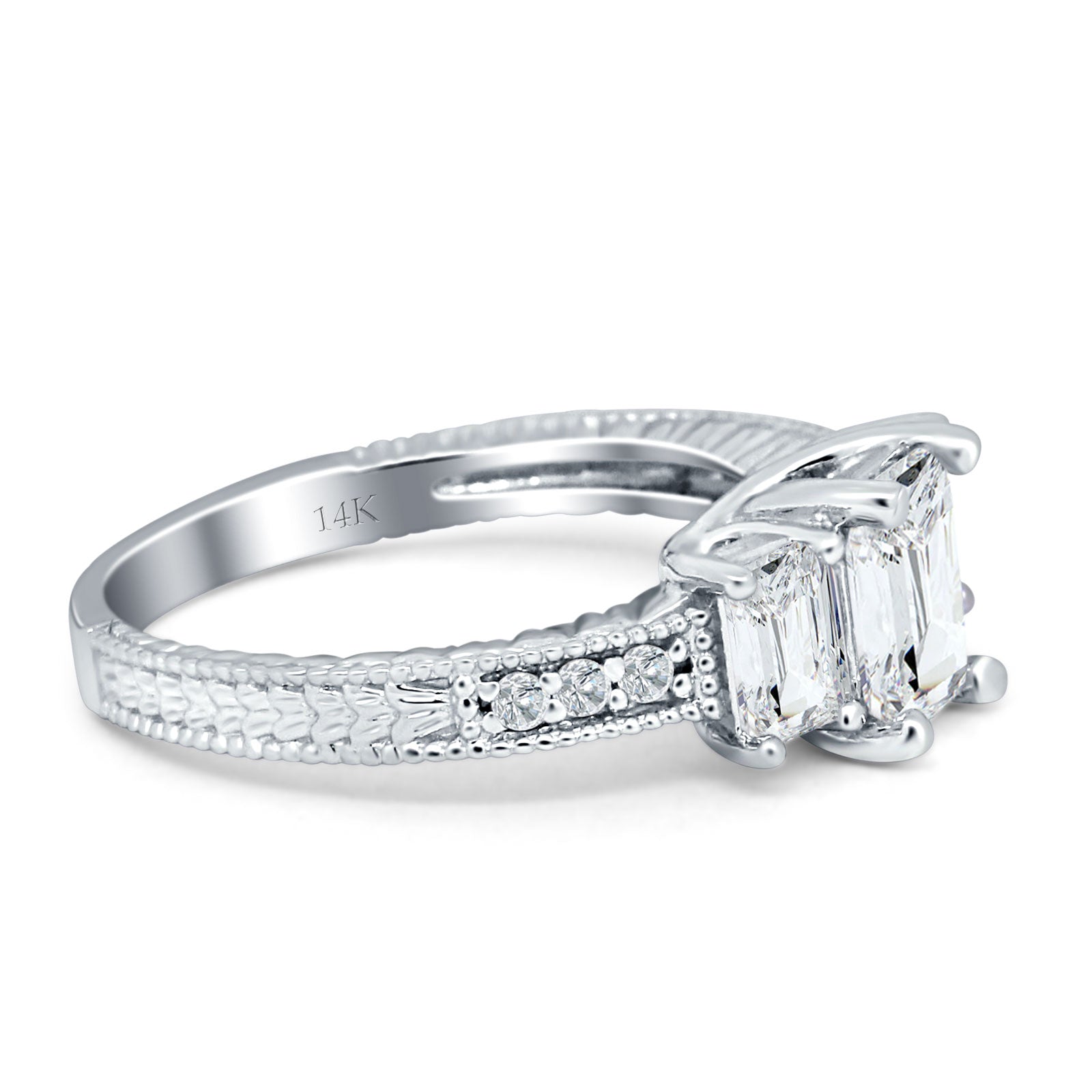 14K White Gold Three Stone Round & Emerald Cut Cubic Zirconia Milgrain Engagement Ring for Women - Perfect for Weddings, Anniversaries & Special Occasions