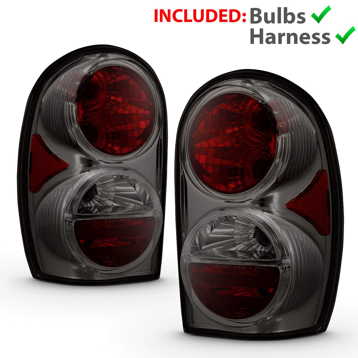AmeriLite Replacement Smoke Brake Tail Lights Set for 2002-2007 Jeep Liberty SUV - Left & Right Side (Driver & Passenger) - Durable & Stylish Upgrade for Off-Roading & Night Driving