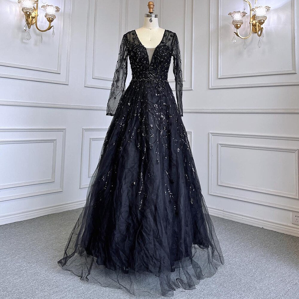 Serene Hill Green A-Line V-Neck Long Sleeve Evening Dress with Beaded Details - Luxury Women's Gown for Wedding, Party & Special Occasions | Elegant Formal Wear for Prom, Cocktail & Black Tie Events