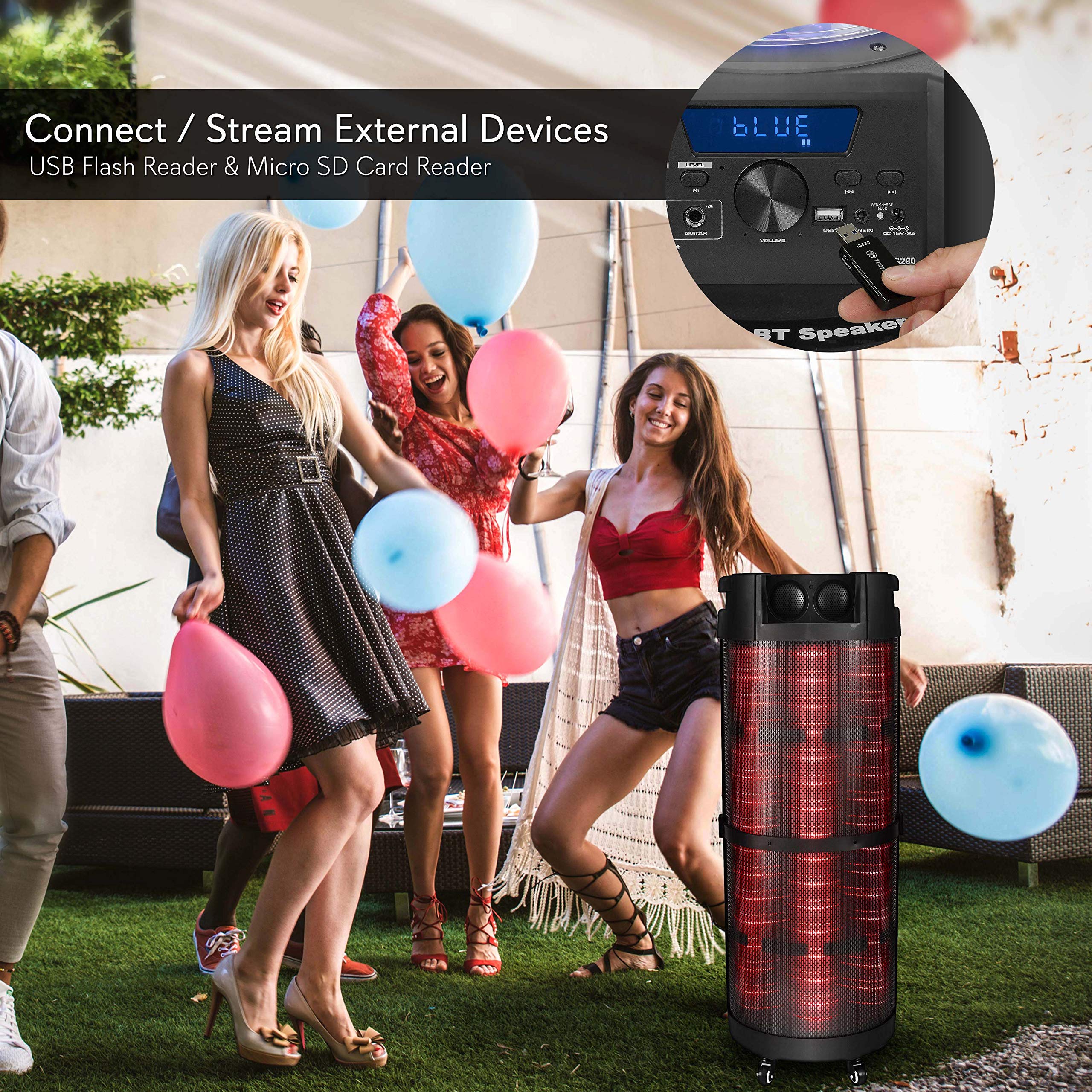 Pyle PBMSPG298 Portable Boombox PA Speaker System - 800W Rechargeable Bluetooth Speaker with LED Lights, FM Radio, USB/MP3 Player, AUX & 1/4