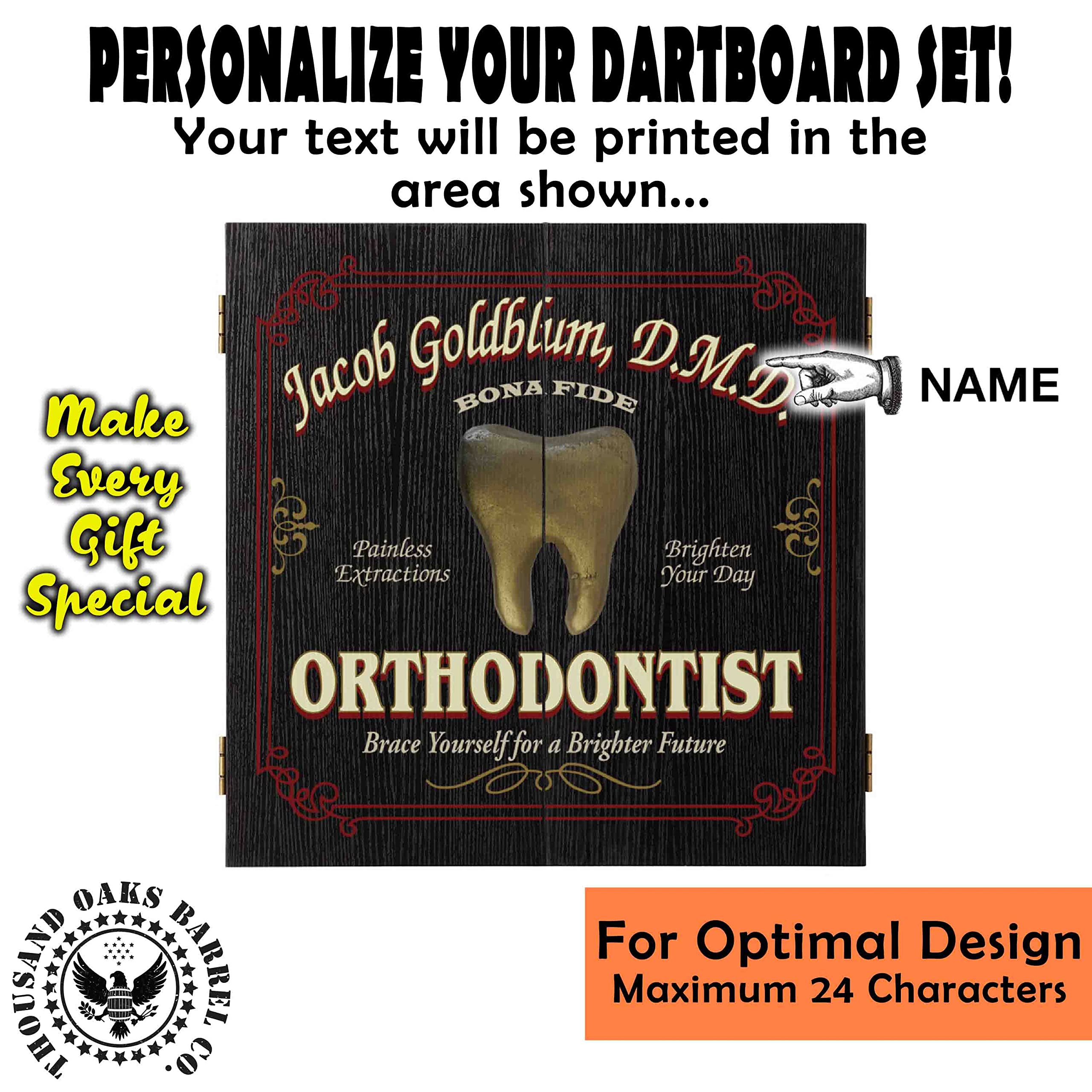 THOUSAND OAKS BARREL CO. Personalized Dartboard Cabinet Set with 6 Steel Tip Darts - Professional Bristle Dart Board for Adults - Includes Eraser & Chalk Scoreboard - Perfect for Game Rooms, Bars, and Man Caves