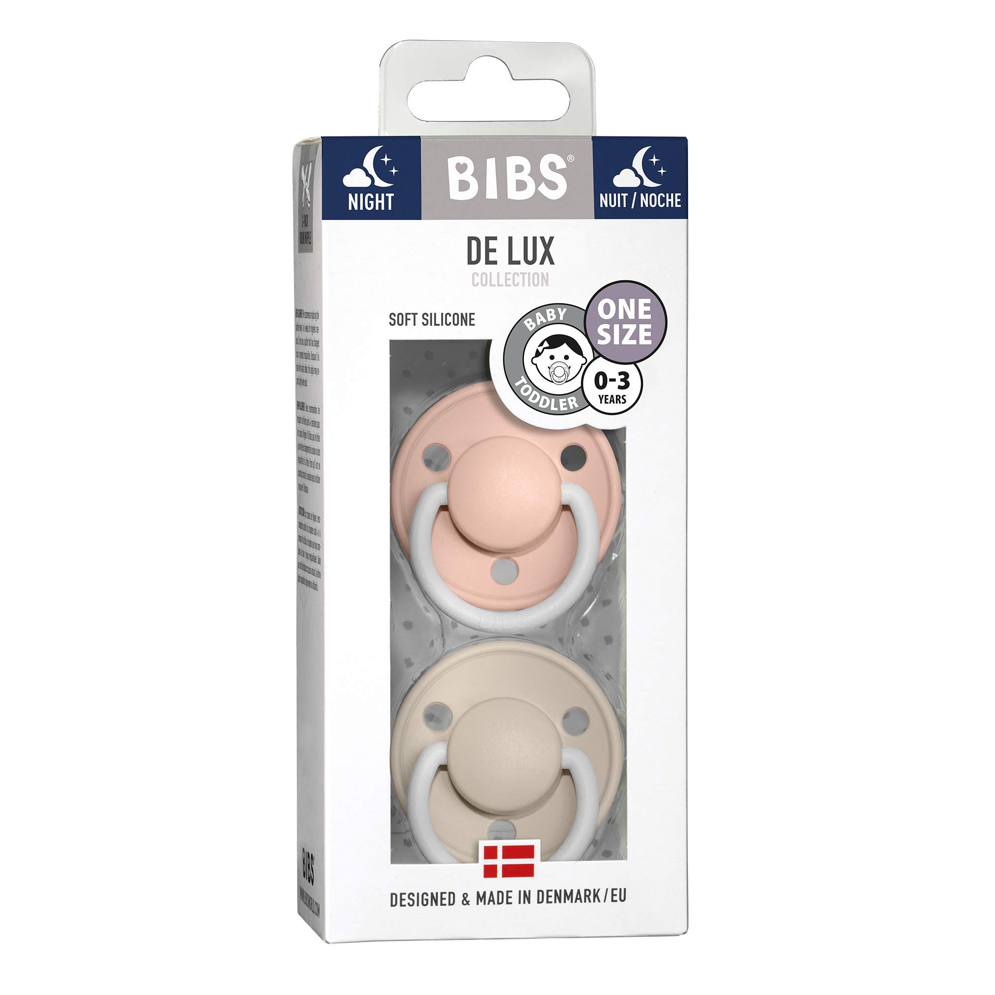 BIBS De Lux Baby Pacifier 2-Pack | BPA-Free Silicone Soother for Newborns & Toddlers (0-36 Months) | Round Nipple Design | Made in Denmark | Blush Glow/Vanilla Glow | Perfect for Daycare, Travel & Bedtime Comfort