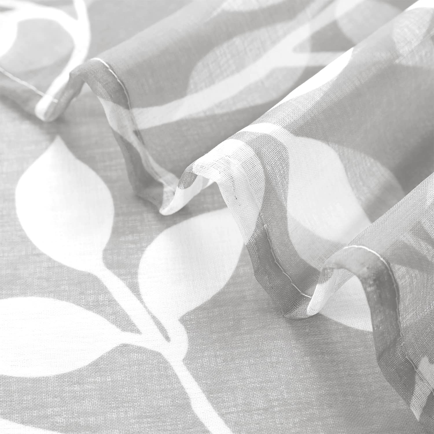 XTMYI 18 Inch Sheer Kitchen Curtain Valances Set - Tropical Leaf Design Rod Pocket Window Toppers for Living Room, Bedroom, Bathroom (Light Gray/White, Valance Only, 1 Pack) - Perfect for Small Windows & Coastal Decor