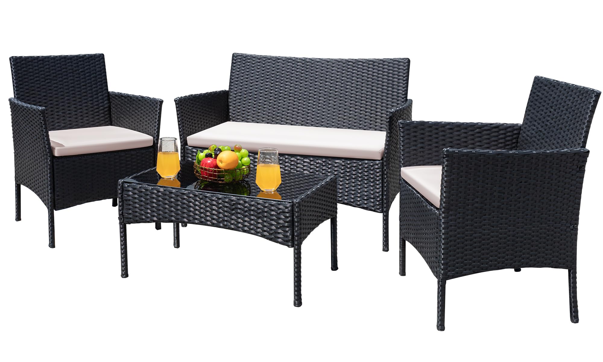 Greesum 4-Piece Outdoor Patio Furniture Set - Wicker Rattan Conversation Chairs with Cushions & Glass Table for Garden, Backyard, Balcony, Porch, Poolside - Black & Beige - Perfect for Relaxing, Entertaining Guests, and Outdoor Dining