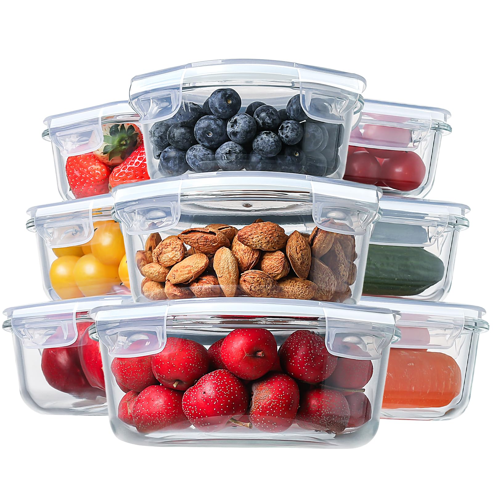 HOMBERKING 18-Piece Glass Food Storage Containers Set with Airtight Lids - BPA-Free Meal Prep & Lunch Bento Boxes for Kitchen, Office, Picnics (9 Containers + 9 Lids, White) - Perfect for Meal Prepping, Leftovers & On-the-Go Lunches