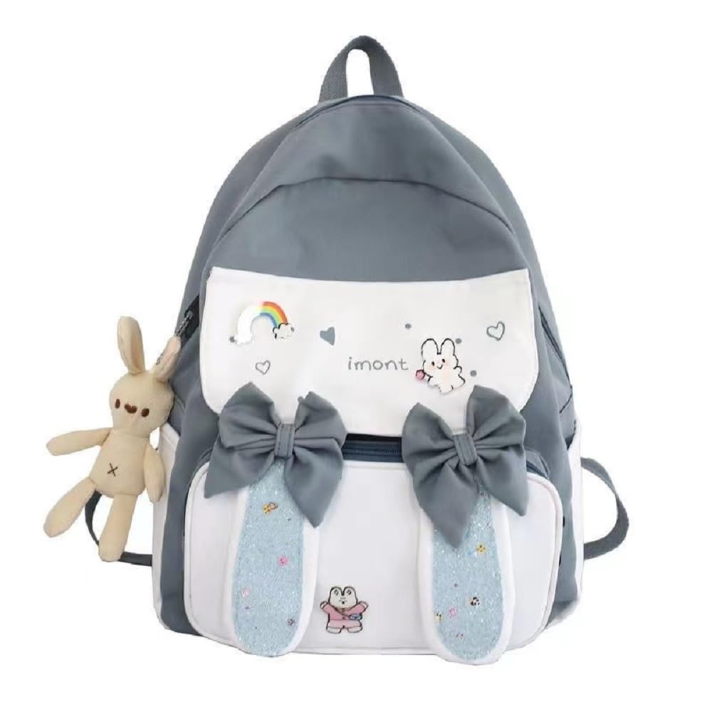 Cute Bunny Ear Backpack with Bear Pendant for Girls - Large Light Blue School Bag, Book Bag & Travel Backpack | Perfect for School, College, Travel & Everyday Use