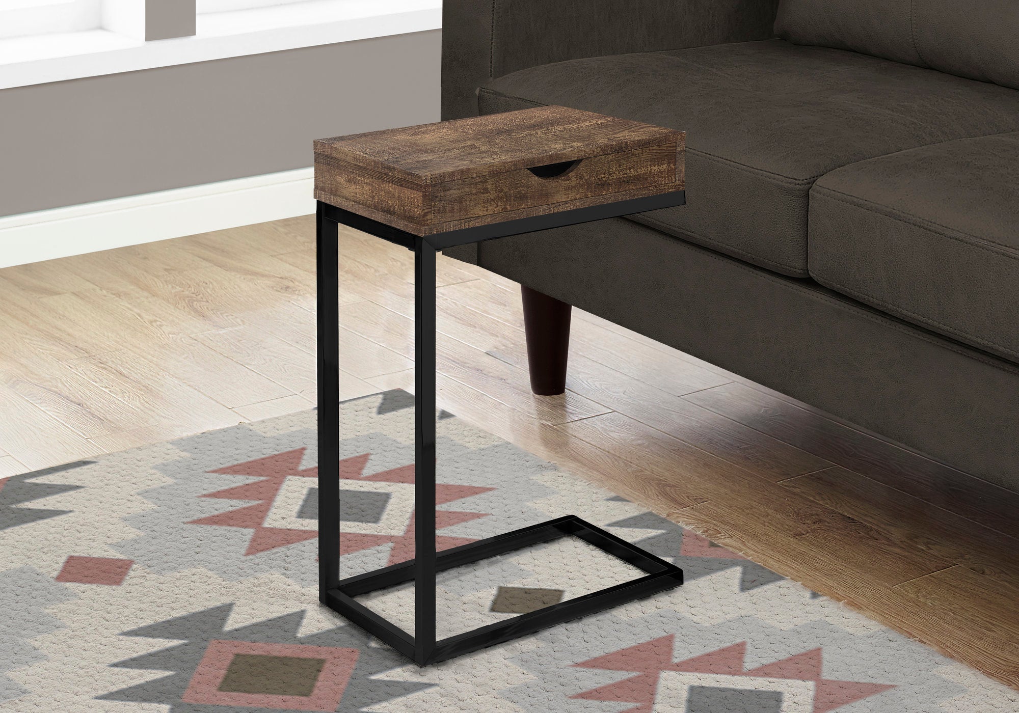Rustic Brown Reclaimed Wood Look Accent Table with Drawer - Modern Black Side Table for Living Room, Bedroom, or Entryway Decor