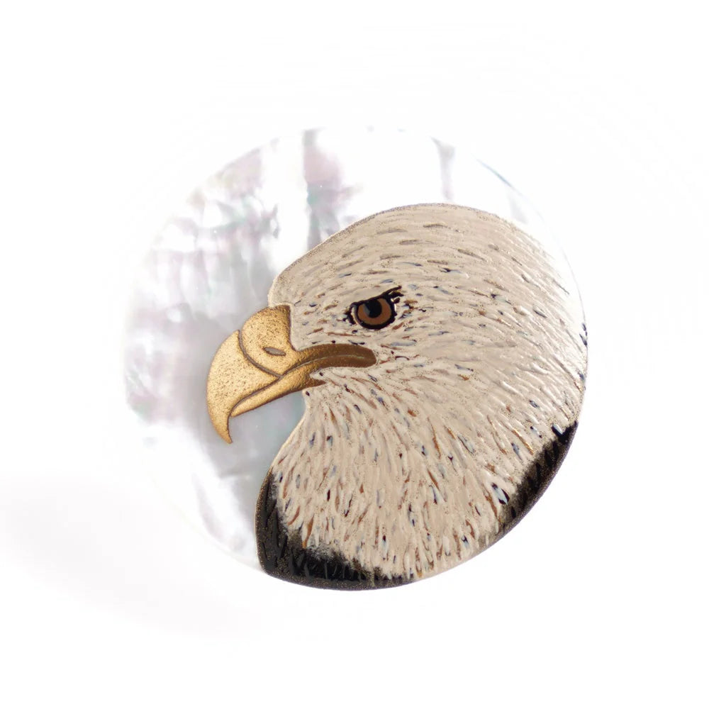Exquisite Maki-e Urushi Lacquer Brooch with White South Sea Pearl Shell & Bald Eagle Design - Traditional Japanese Lacquer Jewelry for Women - Perfect for Formal Occasions, Gift Giving & Cultural Events