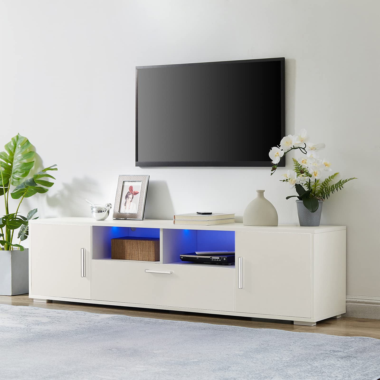 65 Inch LED TV Stand with Storage - High Gloss White Entertainment Center & TV Console Table for Living Room & Bedroom - Perfect for Home Theater Setup & Media Organization