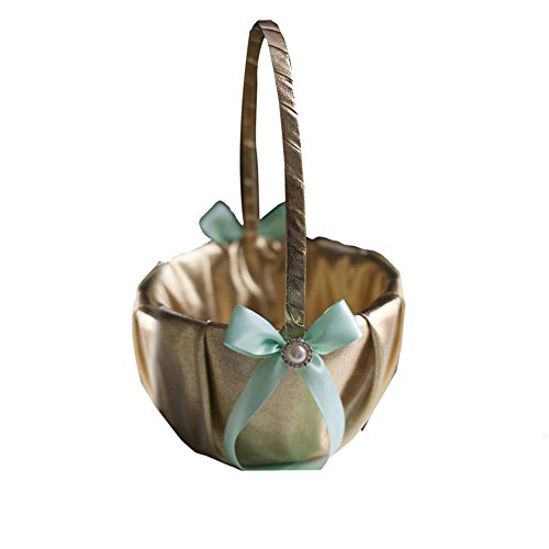 Elegant Gold & Mint Wedding Ring Bearer Pillow and Flower Girl Basket Set - Satin & Ribbon Decor - Perfect Match for Bridesmaid Dresses & Wedding Themes - Ideal for Church Ceremonies, Garden Weddings & Reception Decor