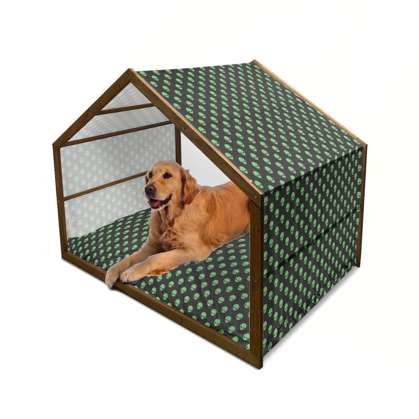 Ambesonne Alien-Themed Wooden Dog House - Indoor & Outdoor Portable Pet Kennel with Pillow & Cover - X-Large Fern Green & Black - Perfect for Sci-Fi Lovers & Unique Home Decor