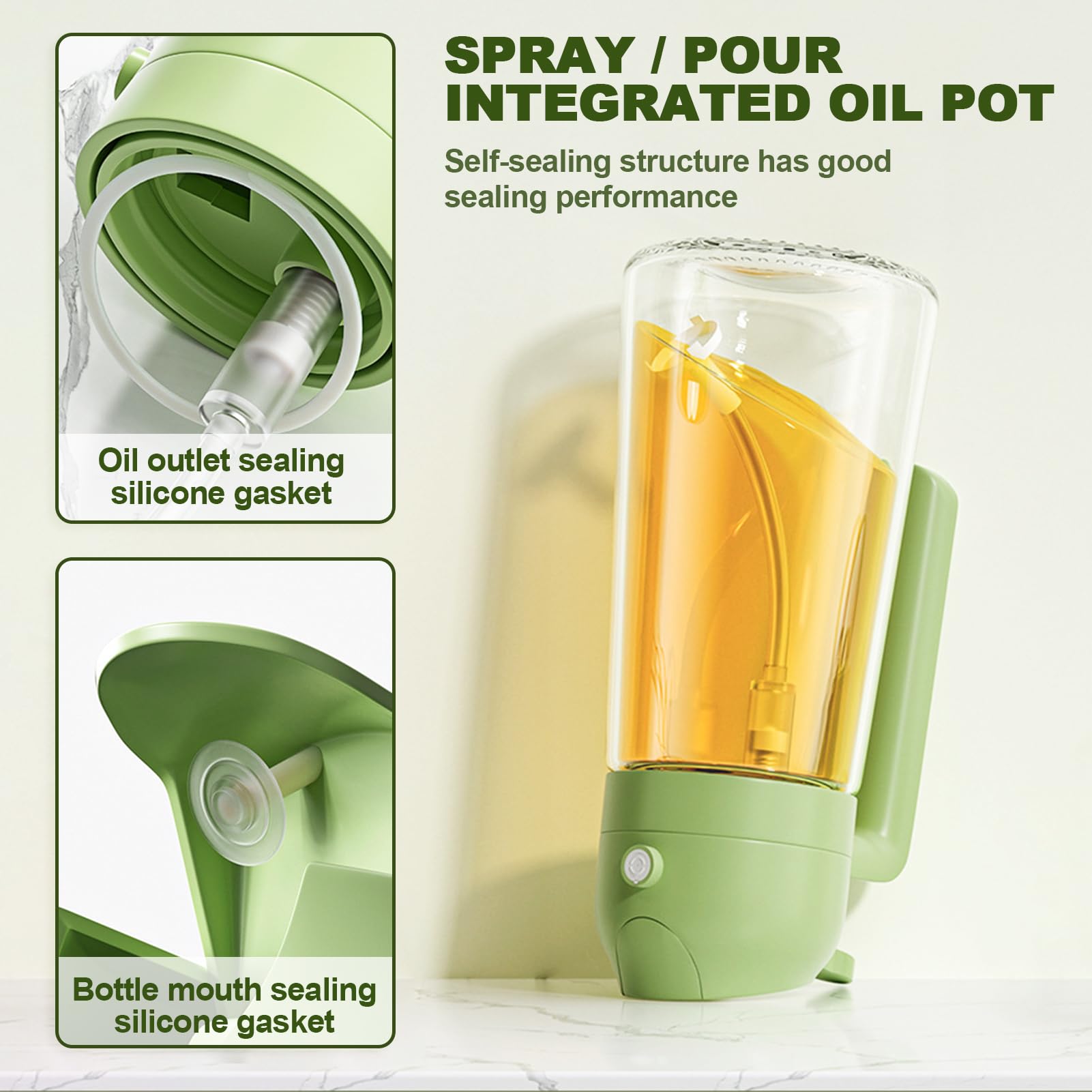 2 in 1 Oil Spray and Container - 470ml/16oz Glass Olive Oil Spray Bottle for Air Fryer, Baking, Grilling - Perfect for Kitchen, Salad Dressing & Healthy Cooking (Green)