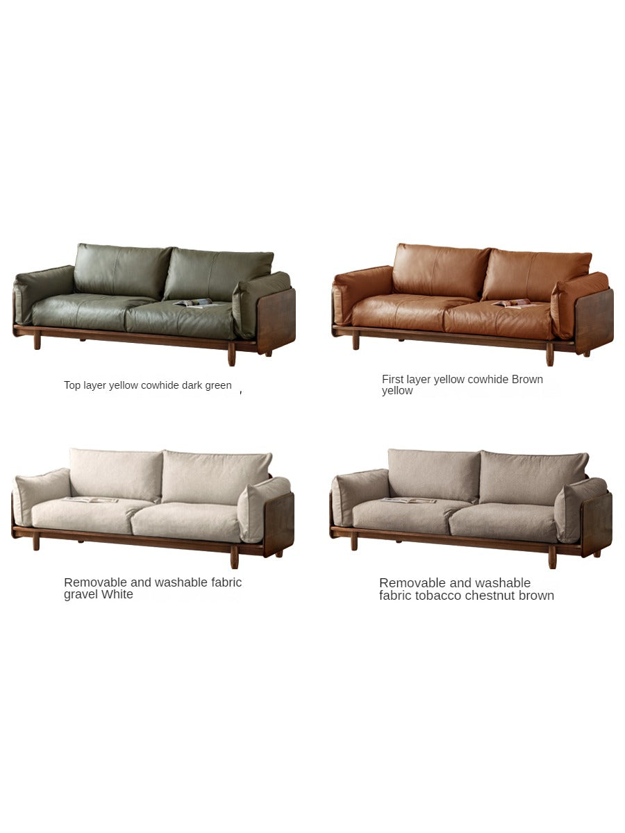 Premium Black Walnut Solid Wood Genuine Leather Sofa - Handcrafted Fabric Sofa for Living Room, Lounge & Office - Modern Comfort Furniture for Home Decor