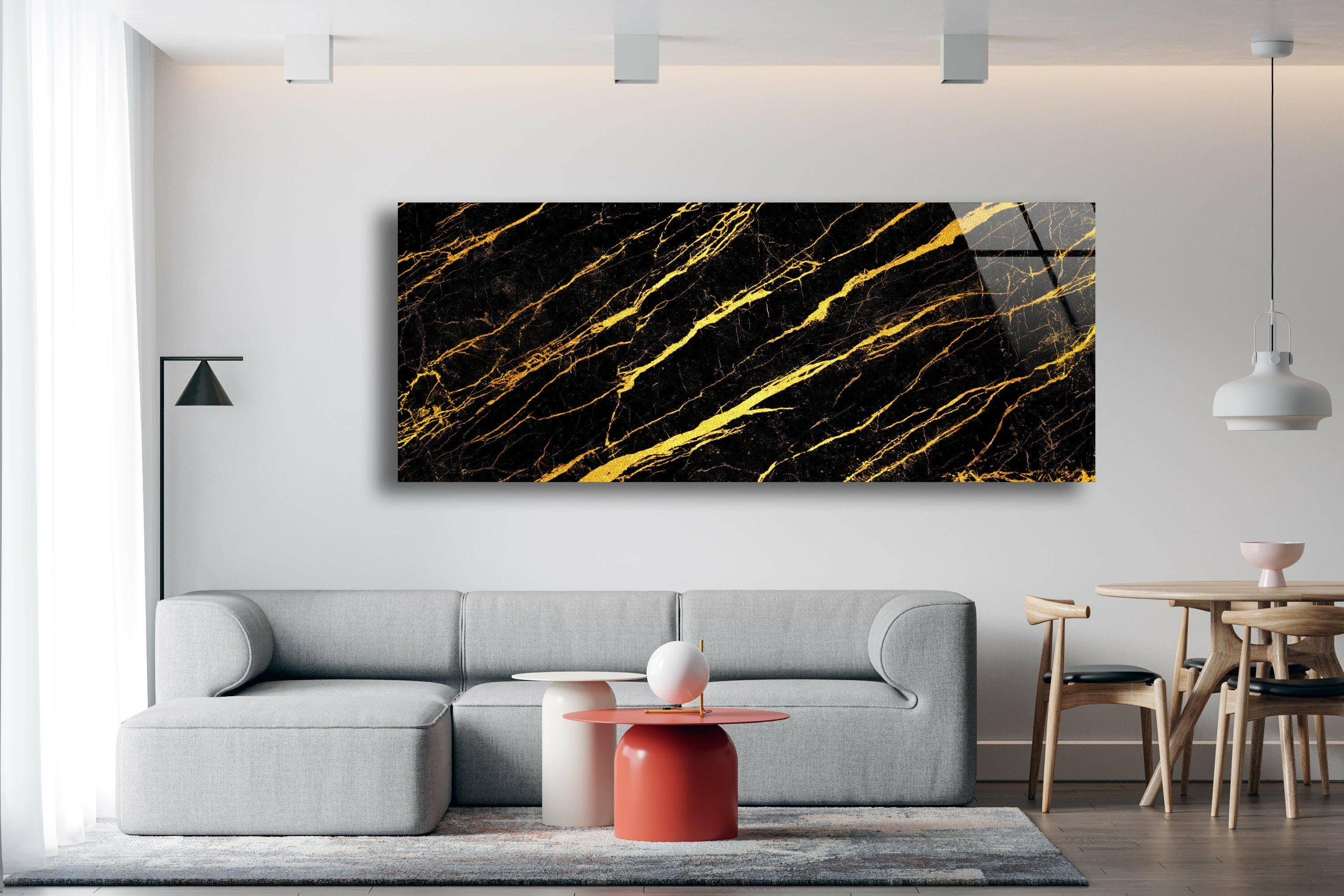 Elegant Black Marble with Gold Veins Glass Wall Art - Modern Home Decor for Living Room, Bedroom & Office