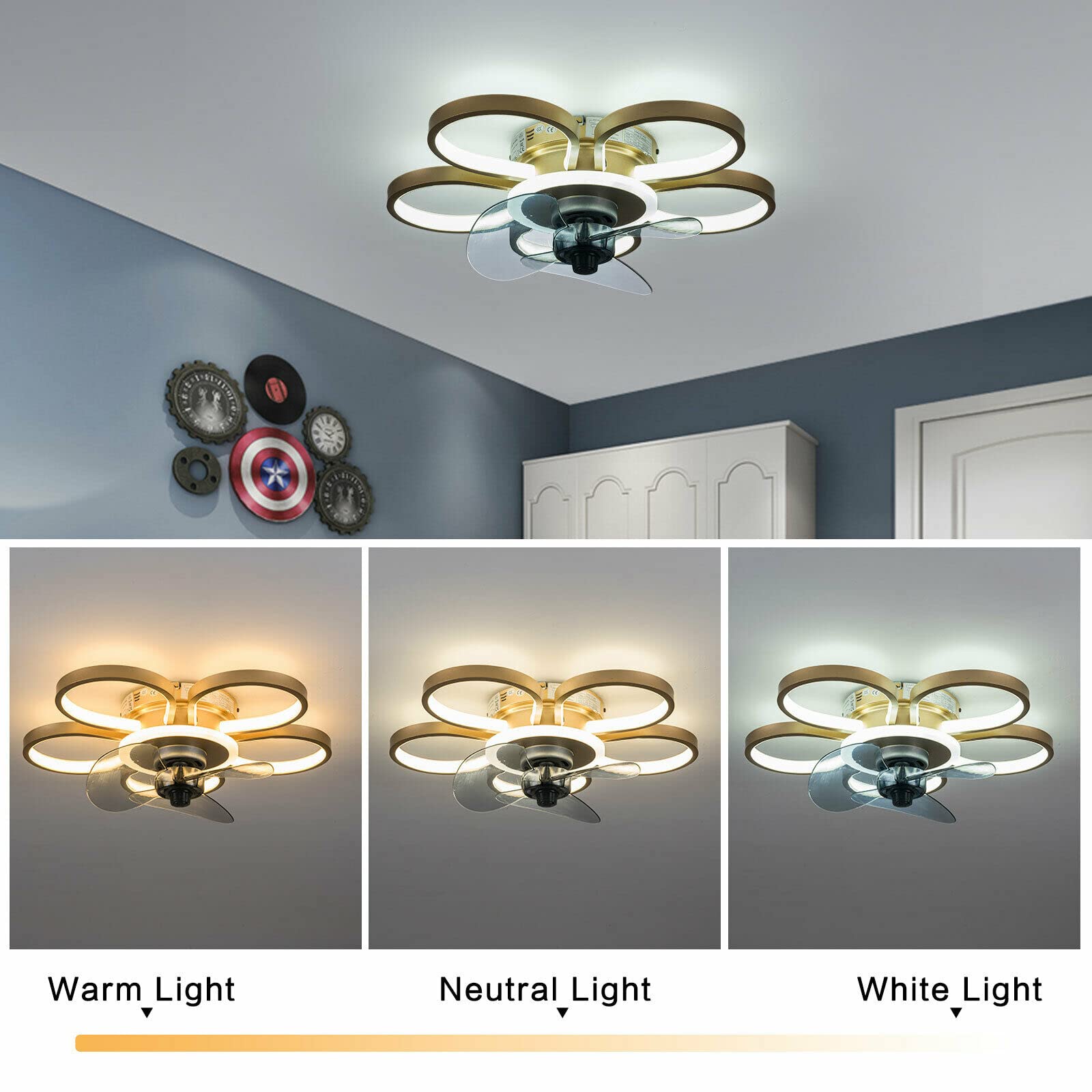 20 Inch Smart Ceiling Fan with LED Lights - 3 Color Temperatures & 3 Speed Settings, Remote Control - Perfect for Bedroom, Dining Room & Living Room - Energy Efficient Quiet Operation for Home & Office Use