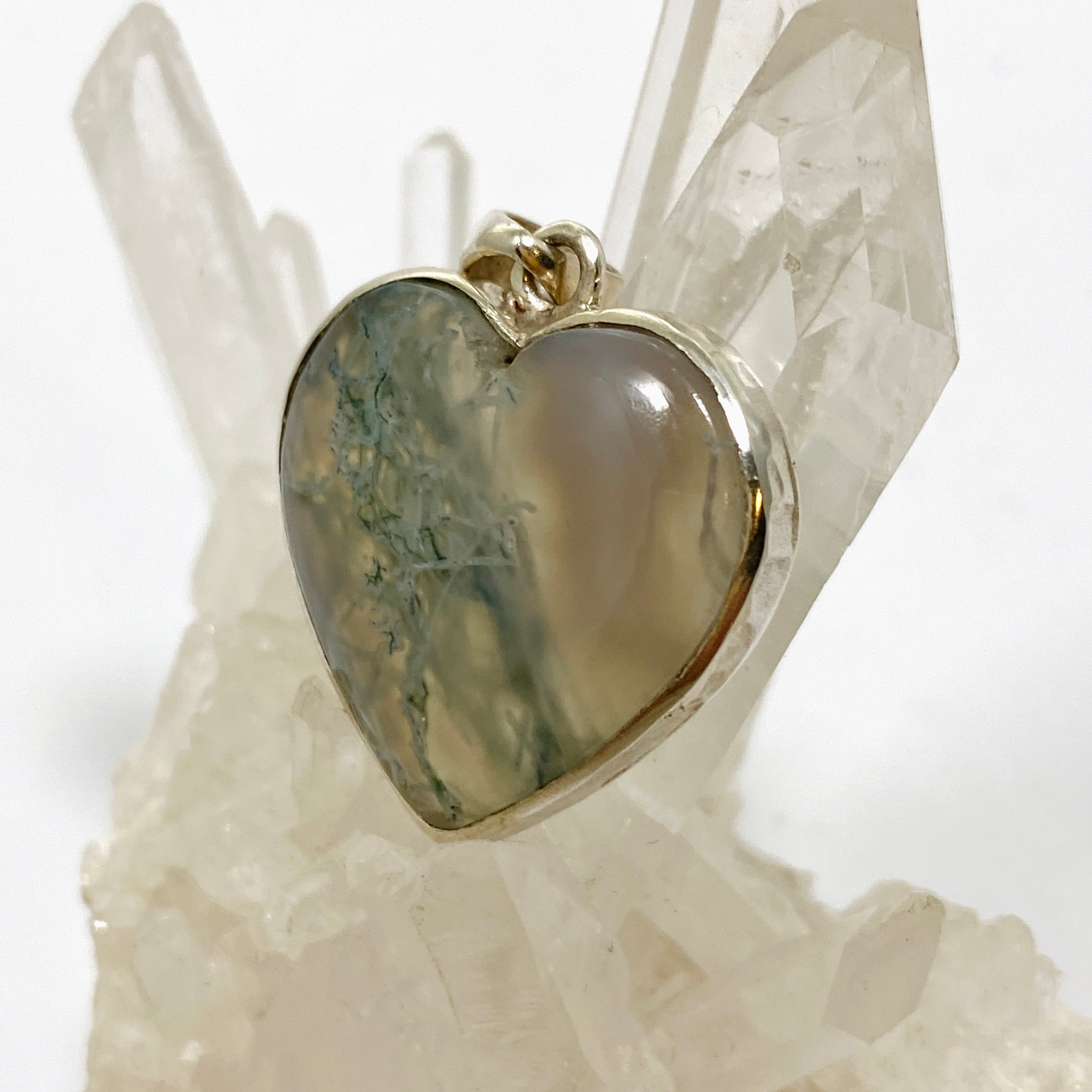 Natural Moss Agate Heart Cabochon Pendant in Hammered Sterling Silver Setting KPGJ4703 - Perfect for Jewelry Making, Gifts & Spiritual Healing