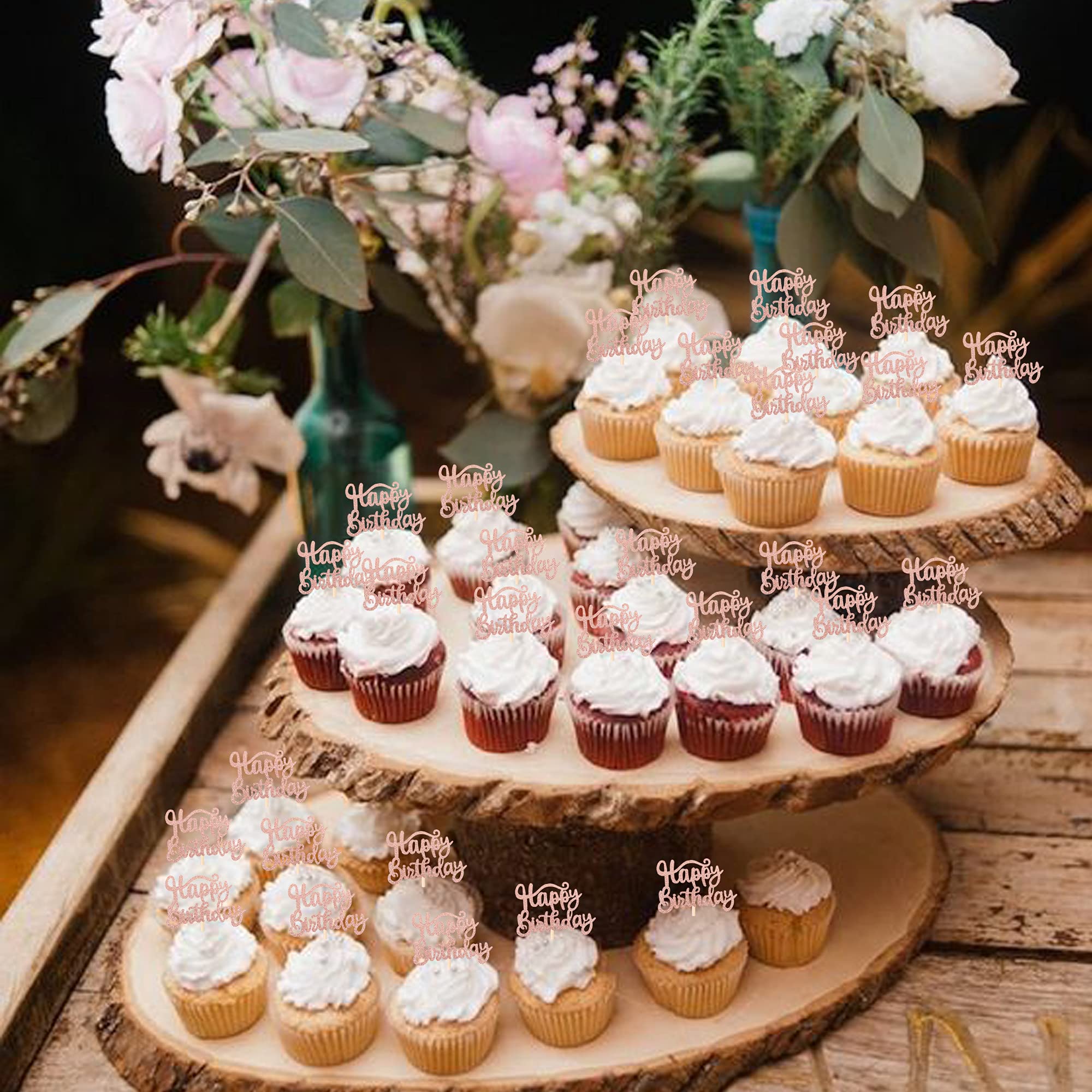 36 PCS Rose Gold Glitter Happy Birthday Cupcake Toppers - Premium Cake Decorations for Birthday Parties, Baby Showers & Celebrations - Perfect for DIY Dessert Decorating