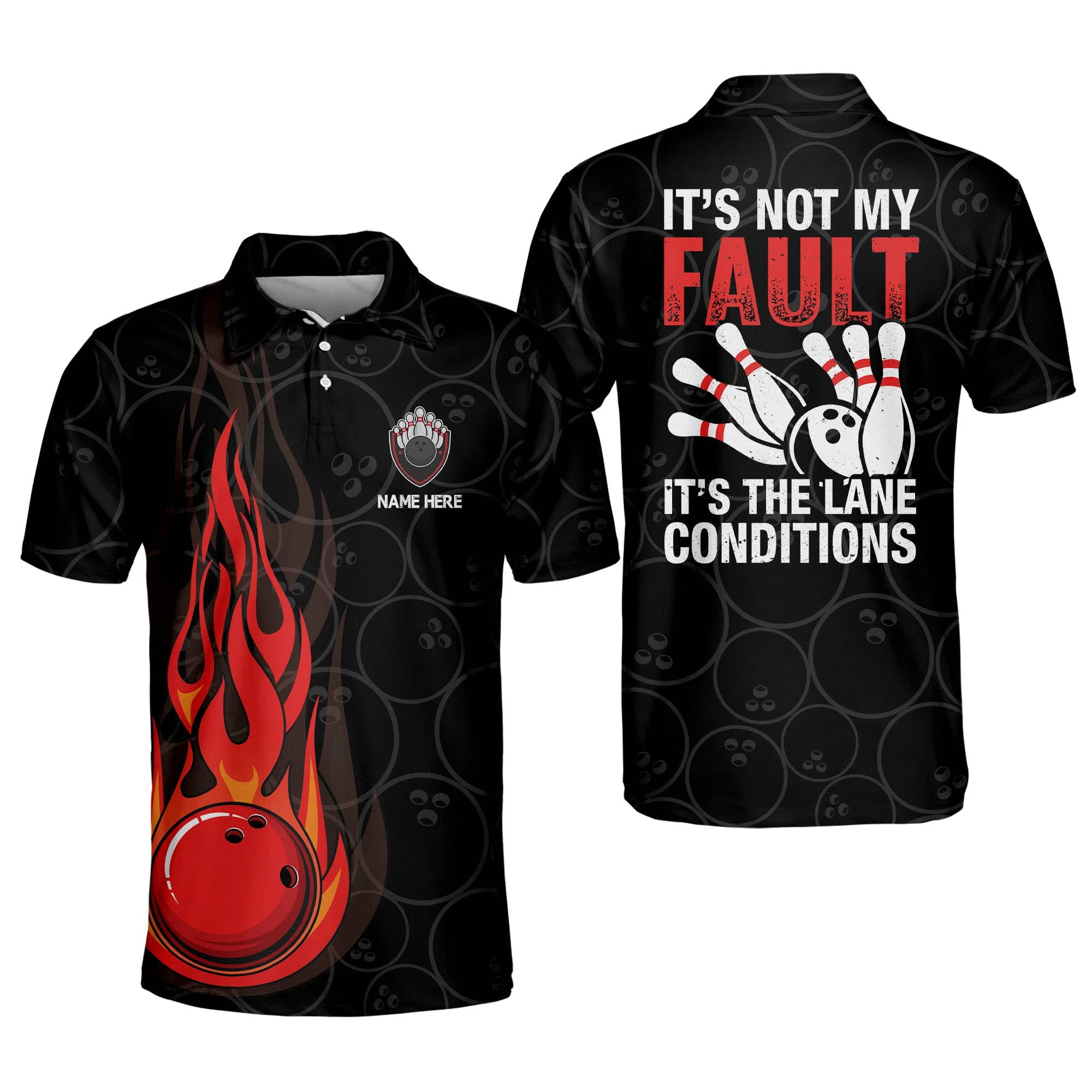 Funny Bowling Shirts for Men - 'It's Not My Fault It's The Lane Conditions' Flame Design Polo Shirts | Team USA Bowling Shirt | Short Sleeve Men's Polo for Gifts & Casual Wear | Perfect for Bowling Leagues, Parties & Retro Fashion