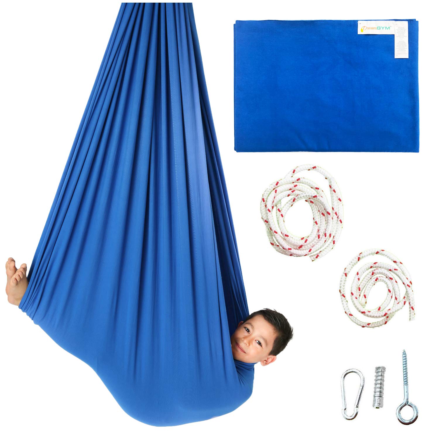 DreamGYM Sensory Swing - Extra Large Therapy Swing for Autism, ADHD, SPD & Anxiety Relief - 95% Cotton Blue Compression Hammock with Hardware - Perfect for Home Therapy Rooms, Sensory Gyms & Calming Corners