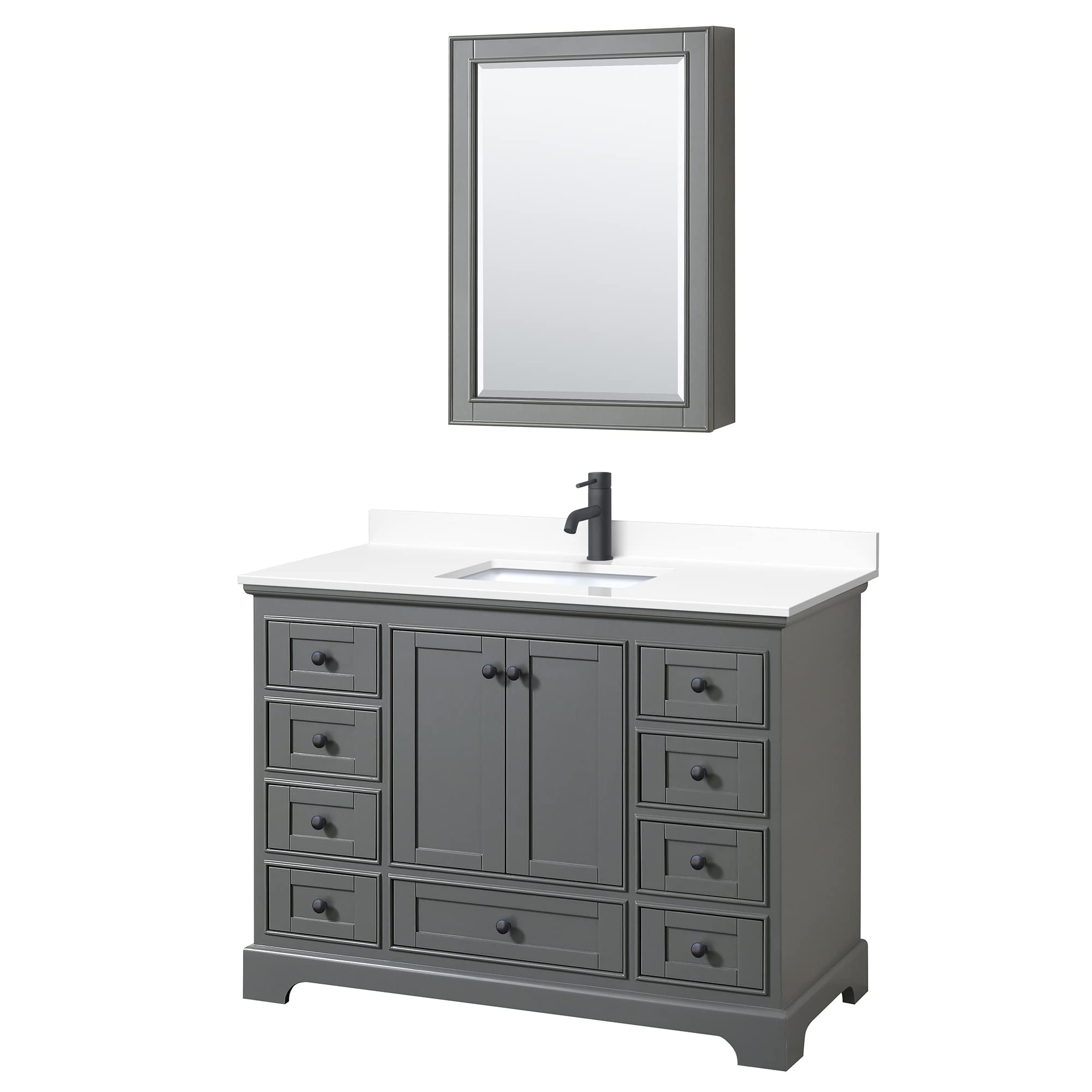 Wyndham Collection Deborah 48 Inch Single Bathroom Vanity - Dark Gray with White Cultured Marble Countertop, Undermount Square Sink & Matte Black Trim | Modern Medicine Cabinet for Small Bathrooms, Powder Rooms & Guest Suites