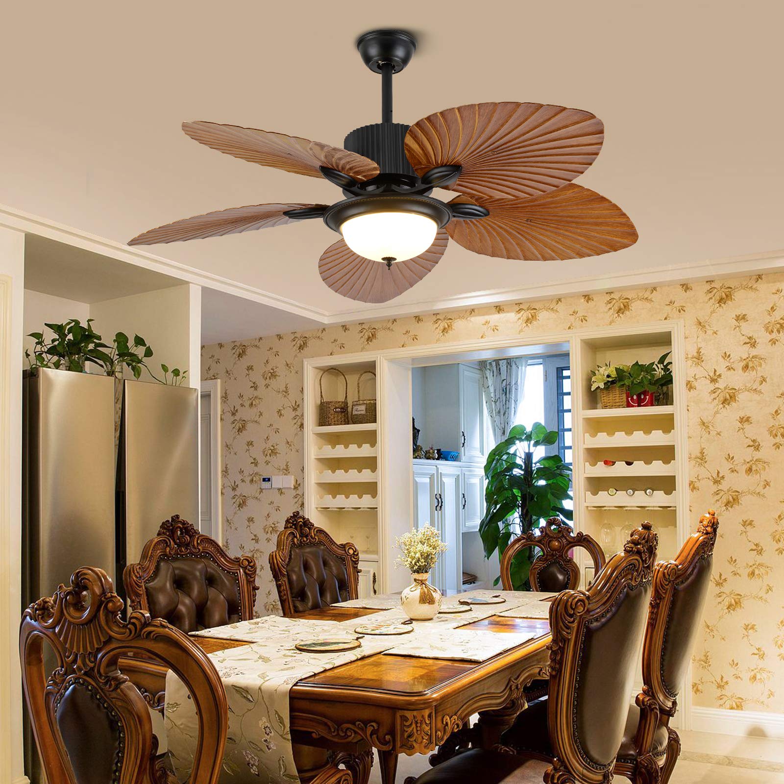 52 Inch Tropical Palm Leaf Ceiling Fan with Lights - 3 Speed Remote Control, 3-Light Fixture & 5 Blades - Premium Indoor/Outdoor Ceiling Fan for Home, Bedroom, Living Room, Restaurant & Patio Decor