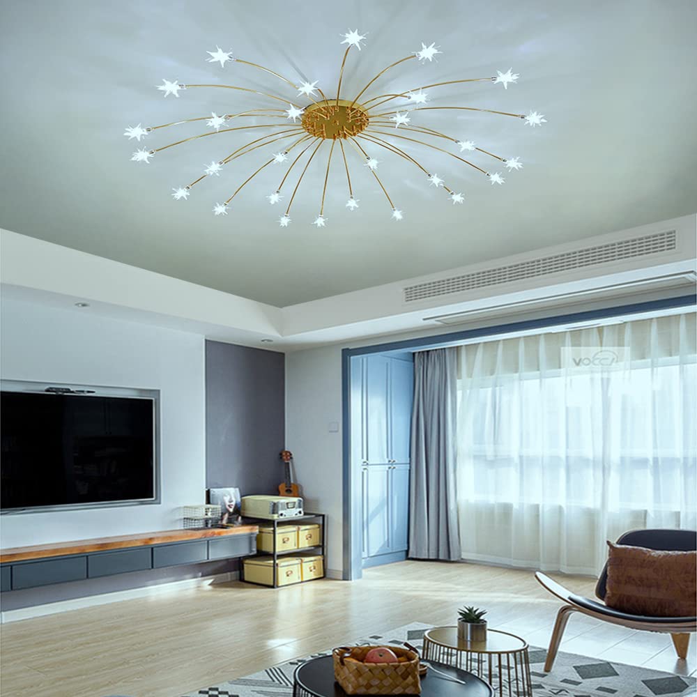 Starry Gold Glass Chandelier LED Ceiling Light - Modern Pendant Lamp for Living Room, Bedroom, Dining Room & Hallway - Elegant Lighting Fixture for Home Decor, Wedding & Restaurant Ambiance