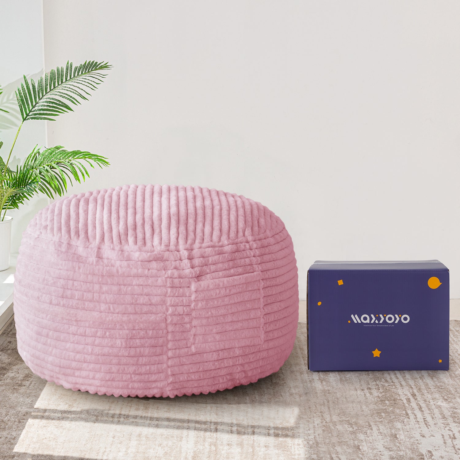MAXYOYO Giant Bean Bag Chair Bed - Striped Faux Fur Convertible Beanbag in Pink | Oversized Lounger for Living Room, Bedroom & Game Room | Perfect for Relaxing, Reading & Movie Nights