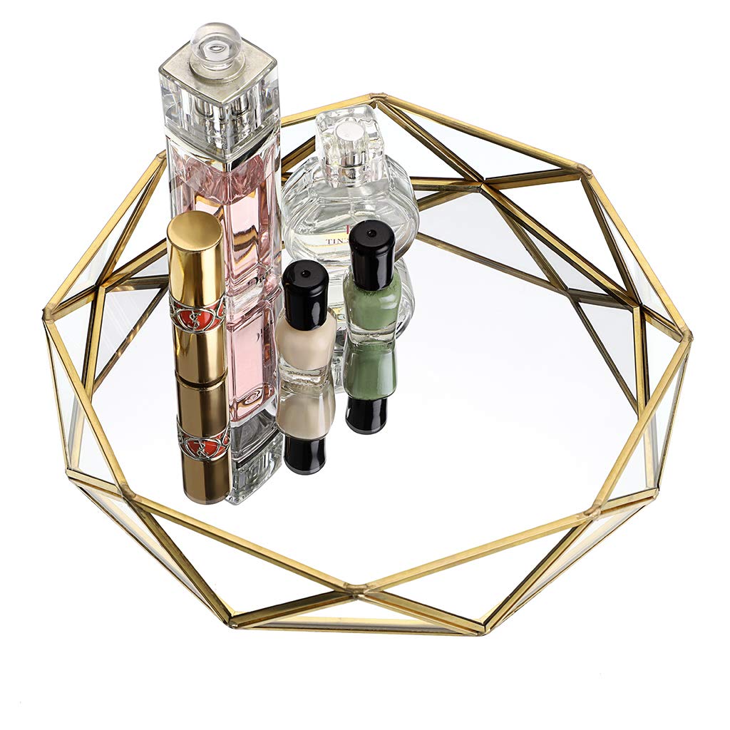 Hipiwe Geometric Jewelry Organizer Tray - 9.5 Inch Mirrored Glass Makeup Vanity Tray for Bathroom, Dresser & Perfume Display | Elegant Home Decor Accessory for Jewelry Storage & Vanity Organization