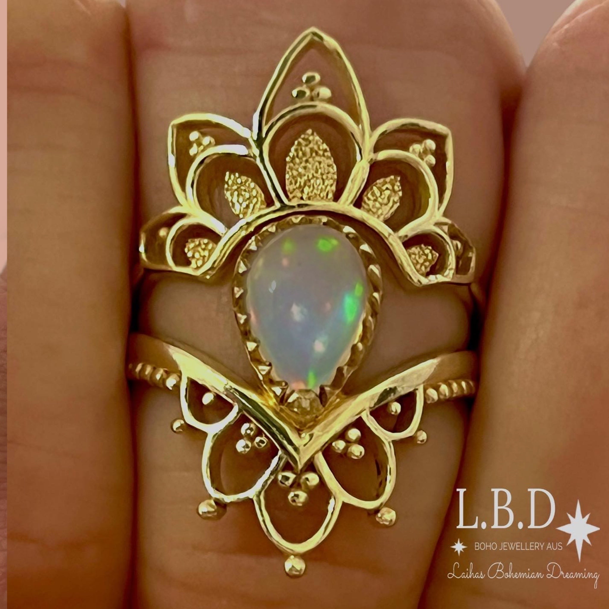 14K Gold Vermeil Opal Daisy Ring Set - Boho Chic Jewelry for Women, Perfect for Weddings, Parties & Everyday Wear
