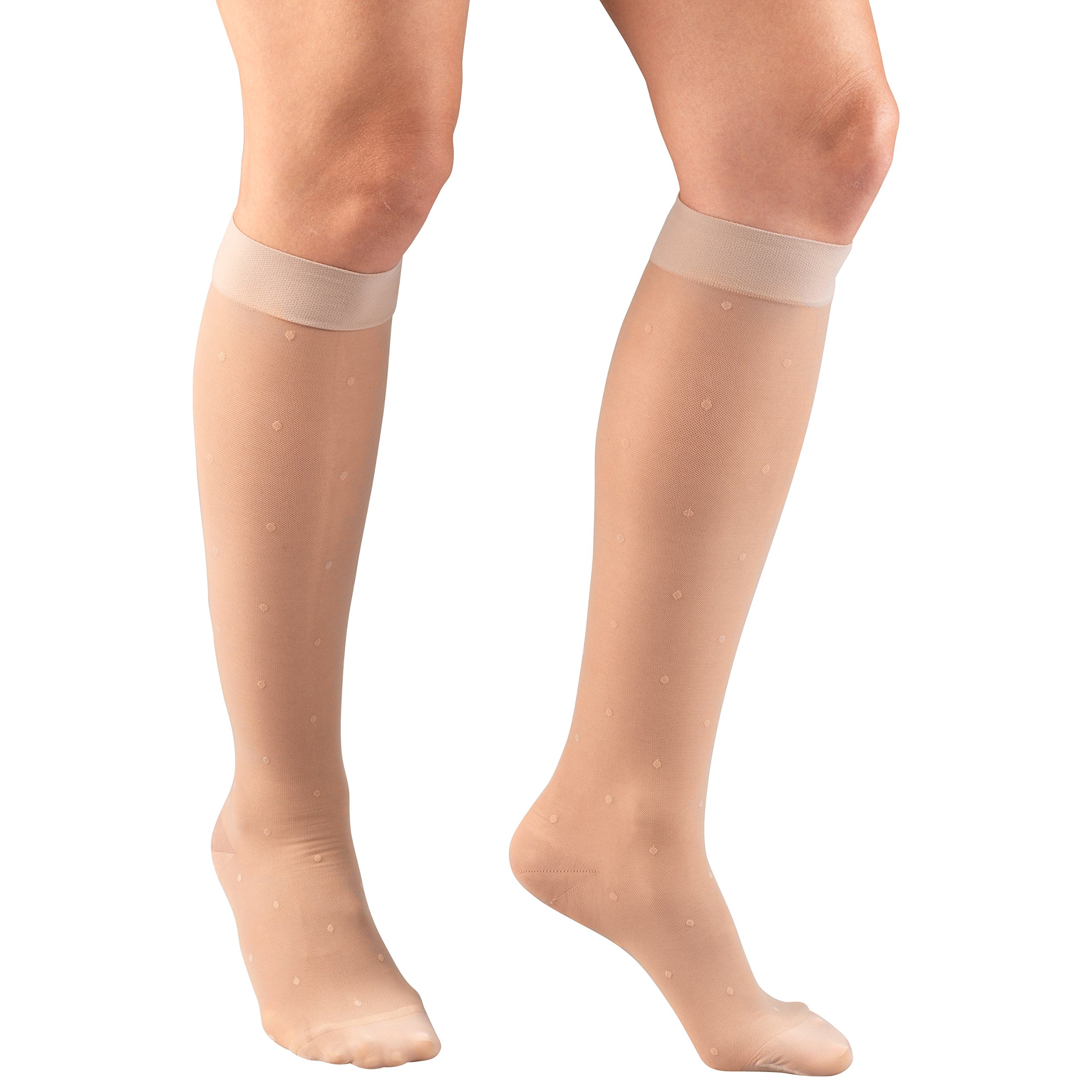 Truform Sheer Compression Stockings 15-20 mmHg - Women's Knee High Support Socks with Dot Pattern in Nude (Large) - Perfect for Travel, Work & Varicose Vein Relief