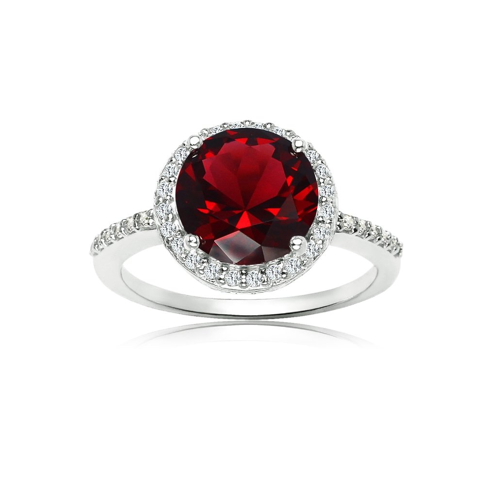 Elegant Ice Gems Sterling Silver Ring with Simulated Garnet & Cubic Zirconia Halo - Perfect for Weddings, Anniversaries & Special Occasions