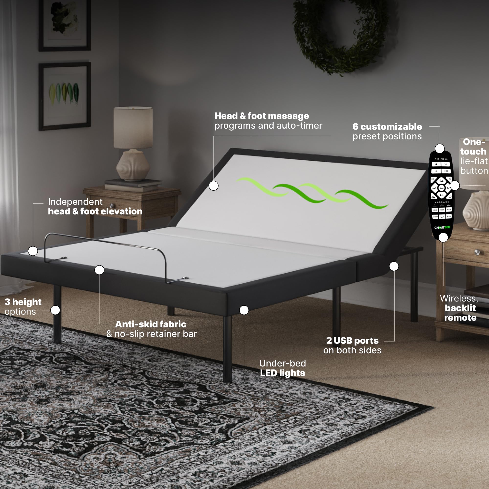 GhostBed Adjustable Bed Frame Power Base with Memory Foam Mattress - Electric Bed Base with Zero Gravity & Massage - Twin XL for Back Pain Relief & Better Sleep
