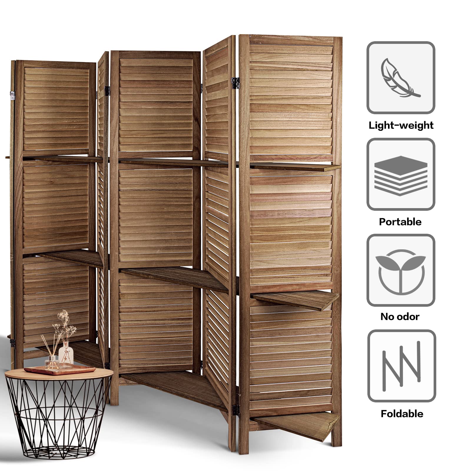 ECOMEX 5.6Ft Wooden Room Divider with Shelves - Fully Assembled Folding Privacy Screen for Bedroom, Office & Living Room - Dark Brown Home Decor Partition