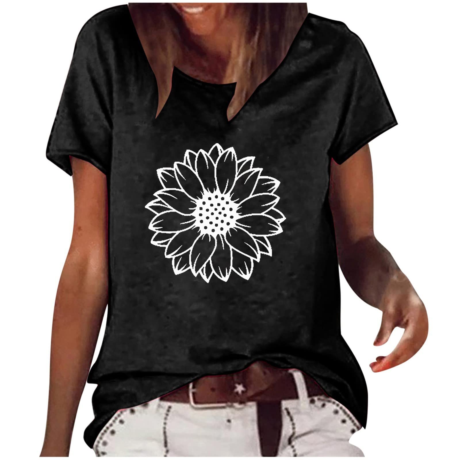 HRAPDA Women's Daisy Print T-Shirt - Casual Summer Blouse for Outfits