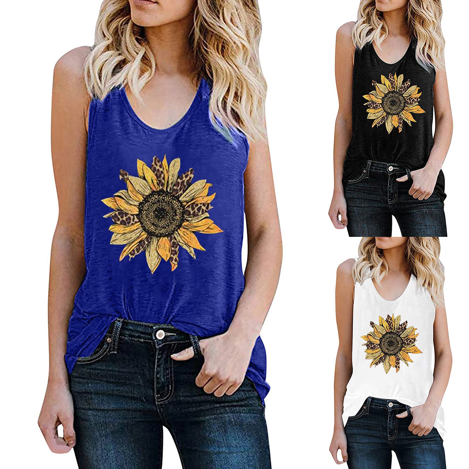Maikouhai Women's Sunflower Print Sleeveless V-Neck Tank Top - Summer Fashion Tunic Blouse in Black & Blue | Casual Wear, Beach Outfit, Vacation Style