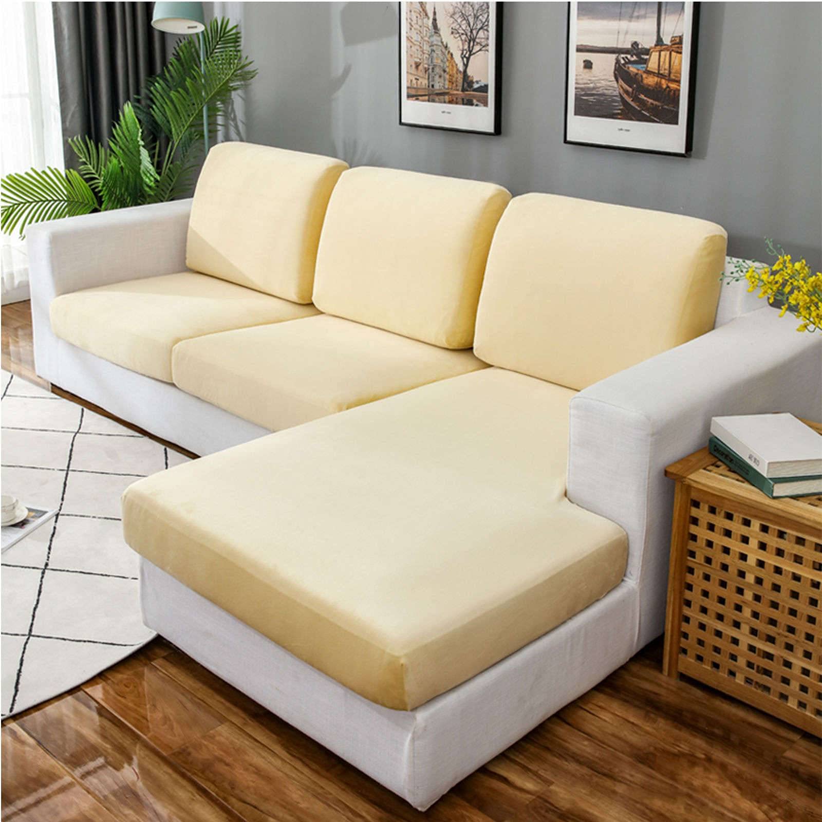 Velvet Stretch Couch Cushion Cover - Soft Sofa Slipcover for L-Shaped Sectional, Chaise Longue & Loveseat (2-Piece Set, Beige) | Furniture Protector for Living Room, Bedroom & Home Decor