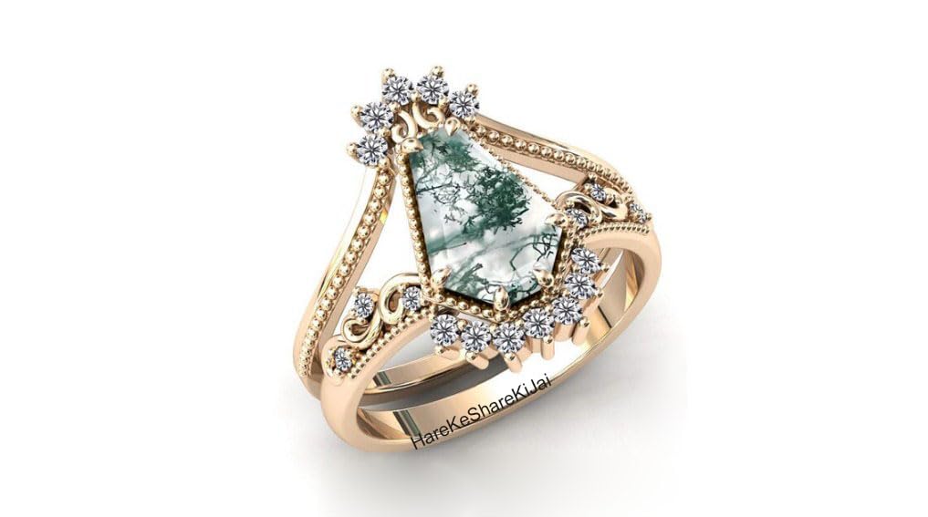 Vintage Art Deco Coffin Shaped Moss Agate Engagement Ring Set - 925 Sterling Silver Wedding Band, Anniversary Gift for Women - Perfect for Bridal Jewelry, Christmas Presents & Special Occasions