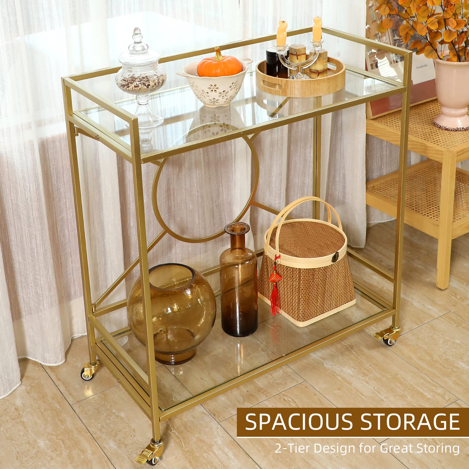 Palama Gold Bar Cart for Home - Easy Assembly with Only 4 Screws, 2-Tier Rolling Snack Cart with Tempered Glass Shelves & Lockable Wheels | Perfect for Living Room, Kitchen, or Party Serving