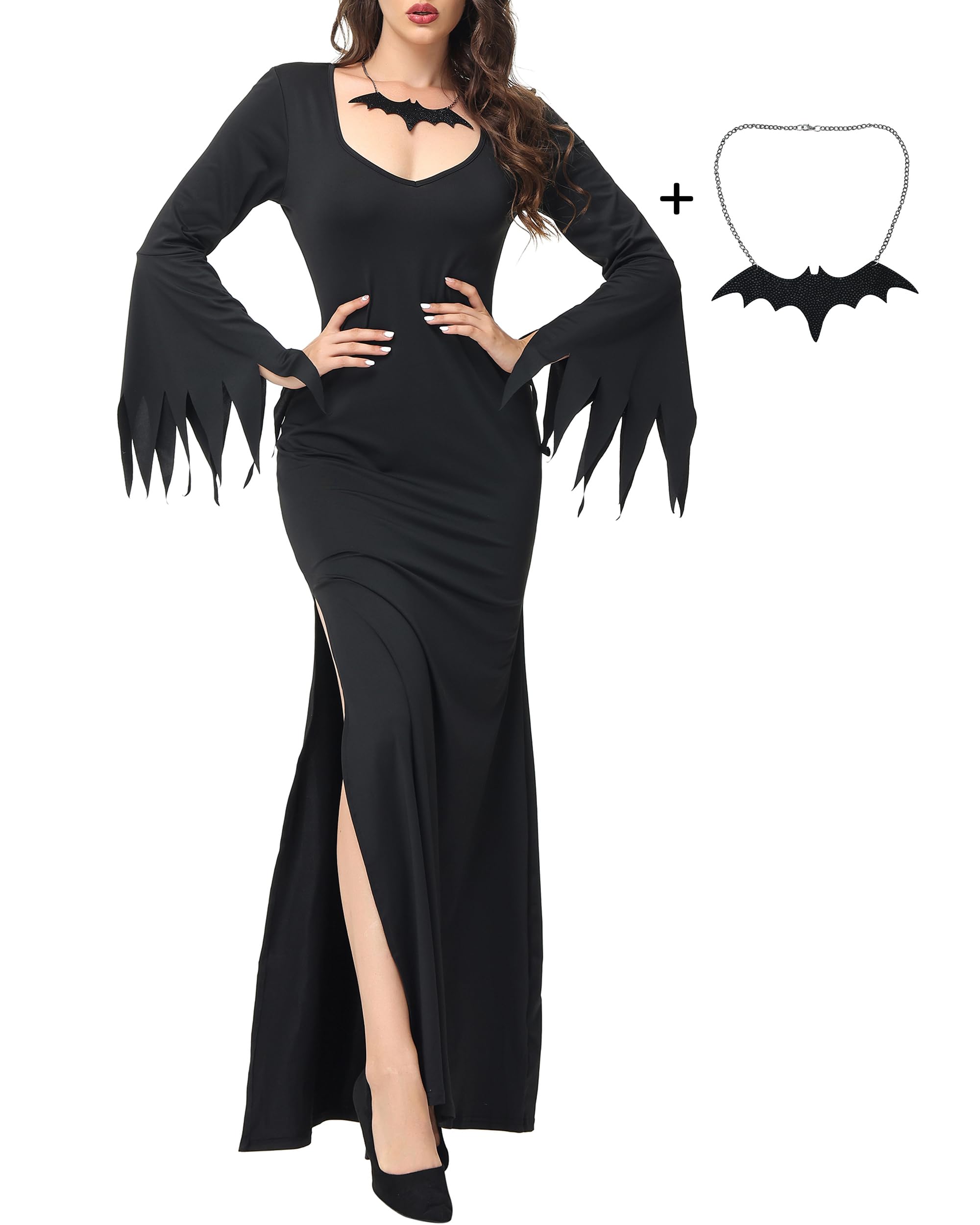 LUYANA Gothic Witch Dress - Long Black Halloween Costume with Necklace | Perfect for Cosplay, Halloween Parties & Themed Events