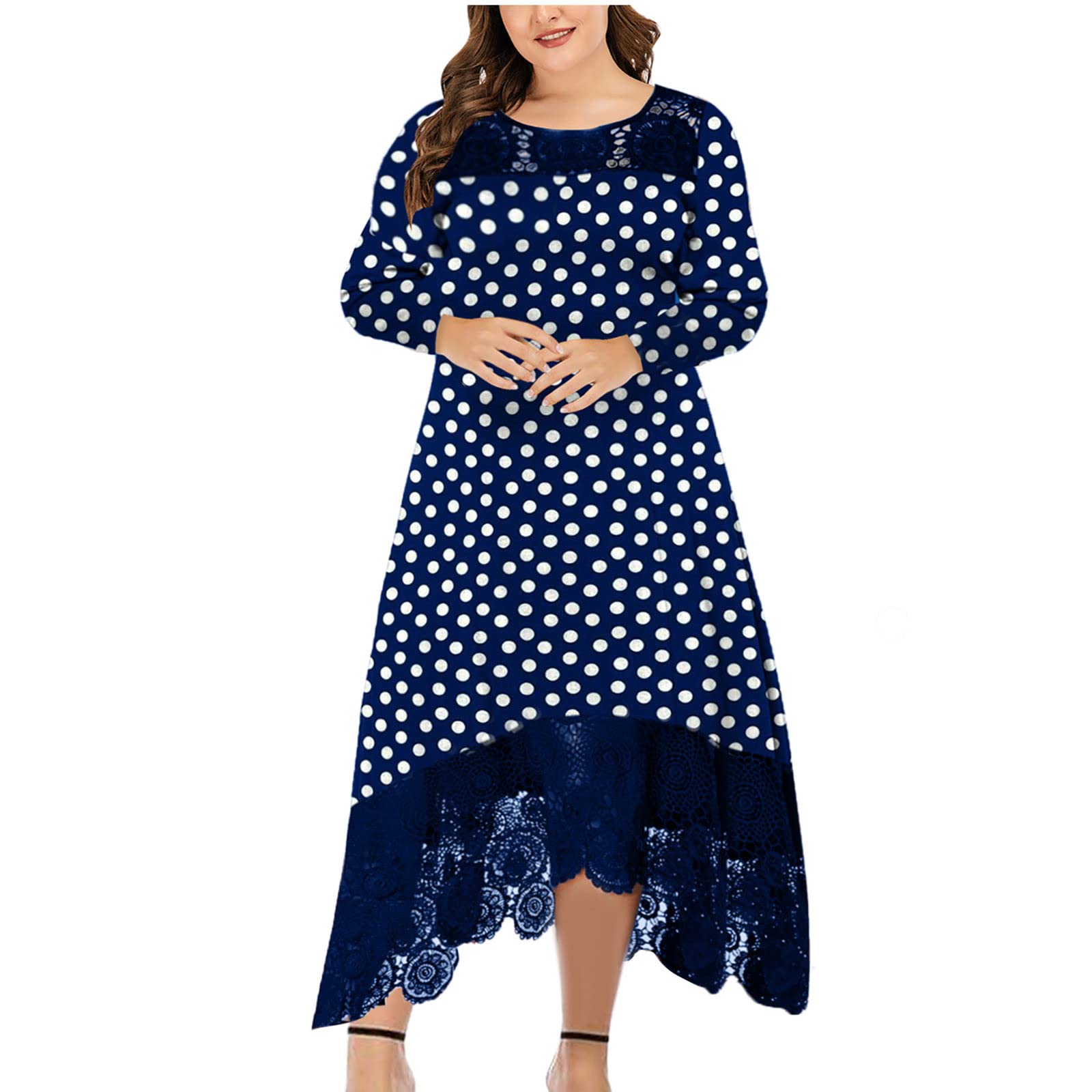 Plus Size Women's Lace & Polka Dot Print Dress - Round Neck Long Sleeve Elegant Evening Party Gown for Weddings, Cocktail Events & Special Occasions