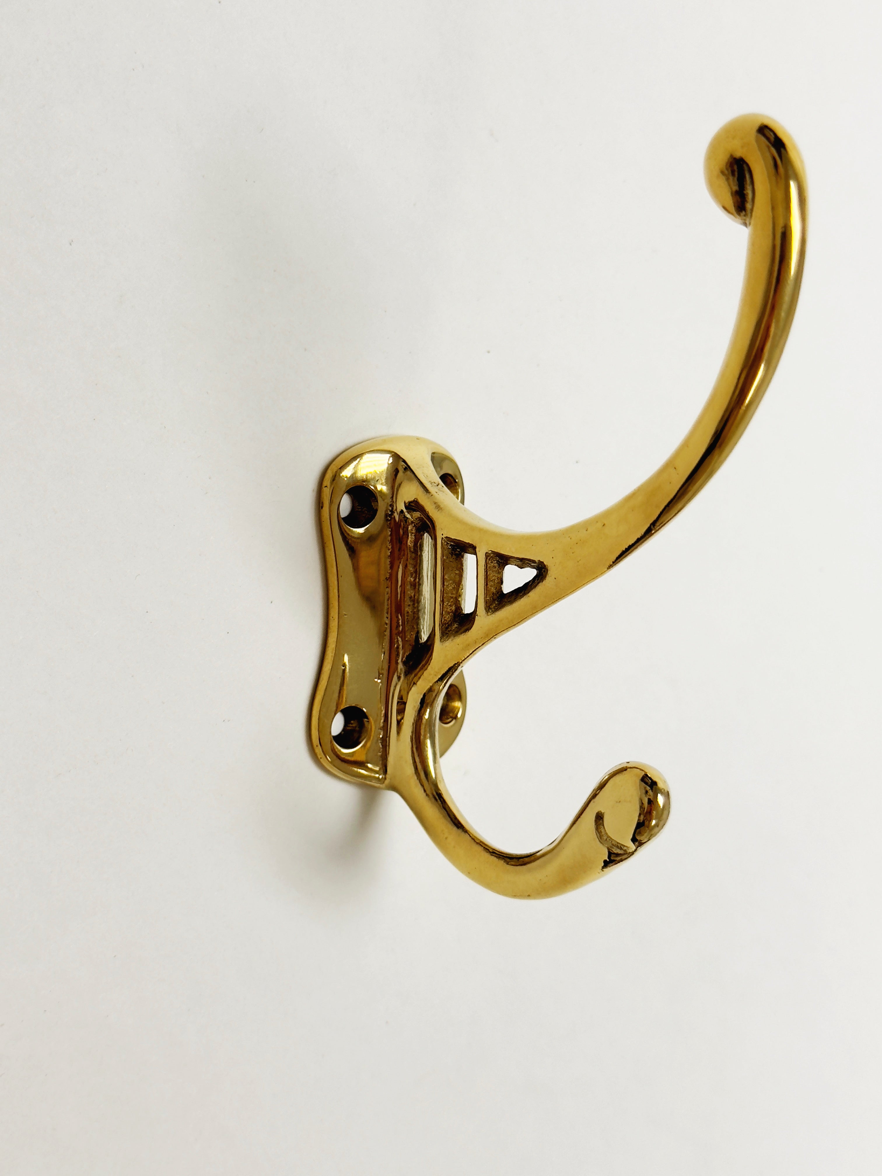 Vintage Style Polished Unlacquered Brass Double Wall Hook - Heavy Duty Coat Hanger for Entryway, Bathroom & Bedroom Organization