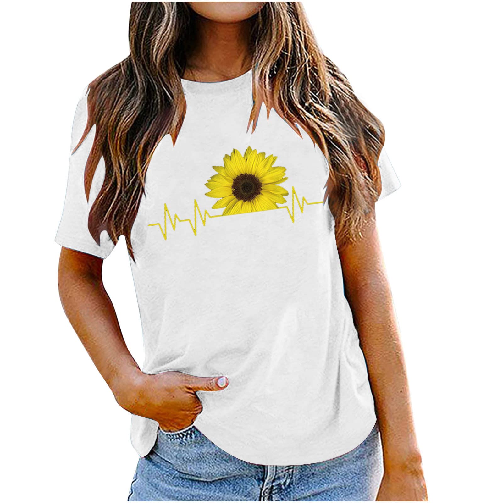 Women's Sunflower Print Short Sleeve T-Shirt - Summer Floral Crew Neck Casual Top | Perfect for Beach Outings, Picnics & Everyday Wear